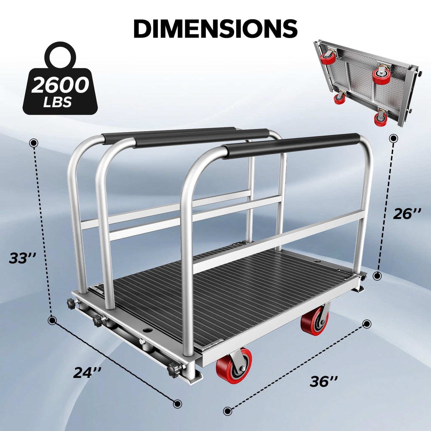 2IN1 Heavy Duty Panel Truck, 36" x 24" Platform Cart w/Rubber Mat & 3 Handrails, 2600 lbs Capacity Drywall & Lumber Cart, Flatbed Cart w/2 Swivel Casters, All-Steel Hand Truck Push Cart