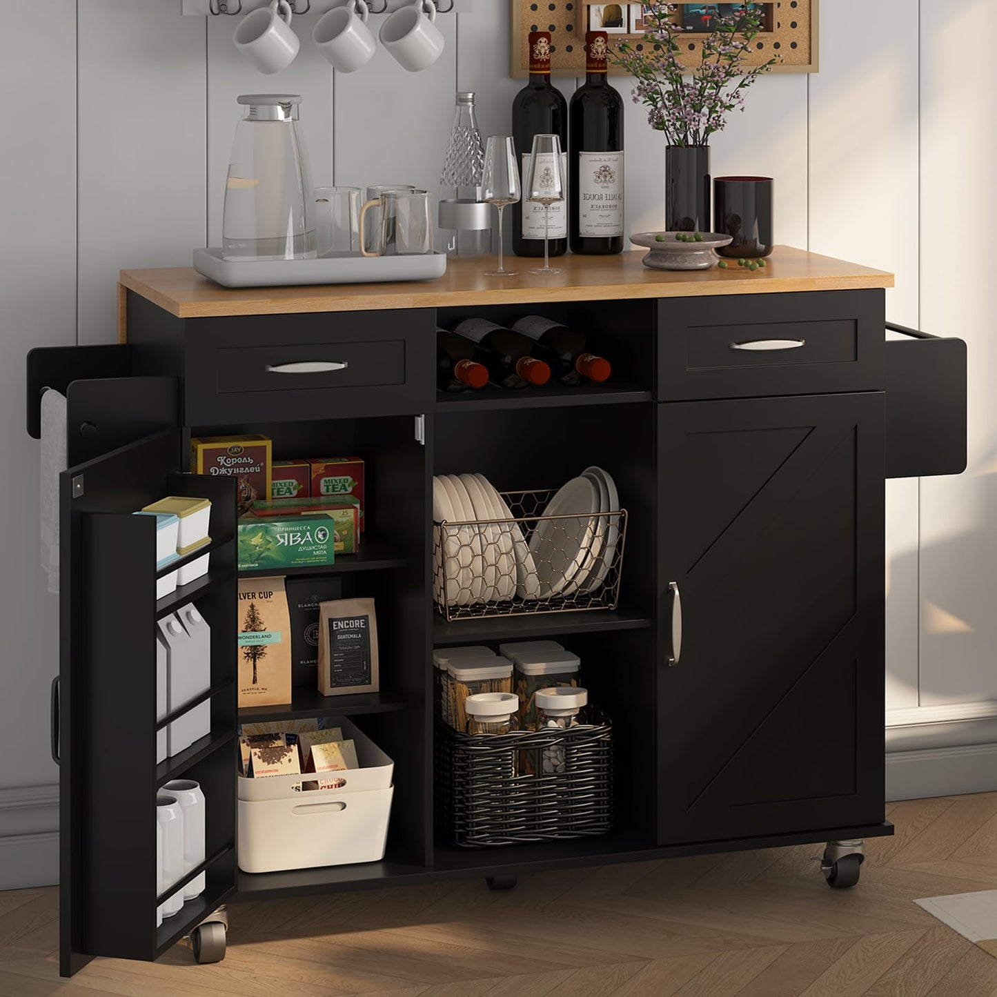 knoworld 51.5'' Rolling Kitchen Island with Storage Cabinet & Drawers, Drop Leaf Kitchen Cart on Wheels, Farmhouse Portable Mobile Islands, Large Butcher Block Table with Tower/Spice Rack, Black
