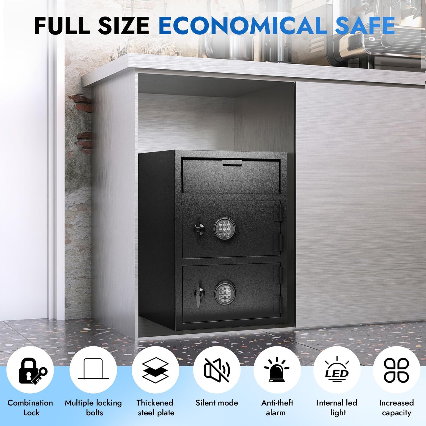 Drop Safe for Business, 9.5 Cuft Double Door Depository Safe with Drop Slot, Heavy Duty 14-Gauge Steel Money Safe with Digital Keypad, Anti-Fishing & Alarm & Fireproof Bag for Home Office Restaurant