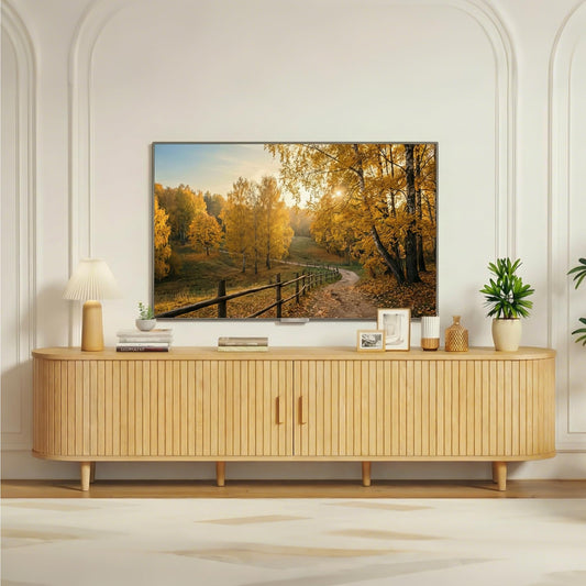 MXV 70" Mid-Century Modern TV Consoles with Sliding Doors, TV Stand with Power Outlet, Fluted Entertainment Center with Adjustable Shelves, for Living Room