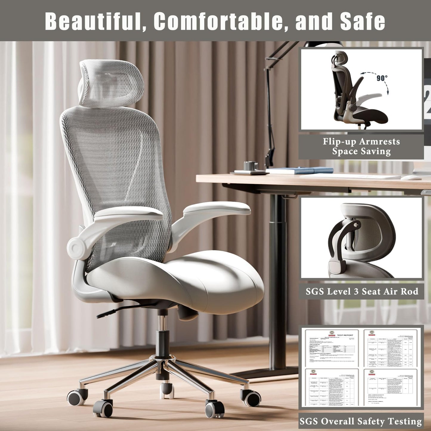 VOTRENIX Grey Ergonomic Home Office Desk Chair, Premium Thickened Leather Curved seat with Breathable mesh Back, 3D headrest and Adjustable Lumbar Support, Ideal Chair for Office or Gaming, Gray