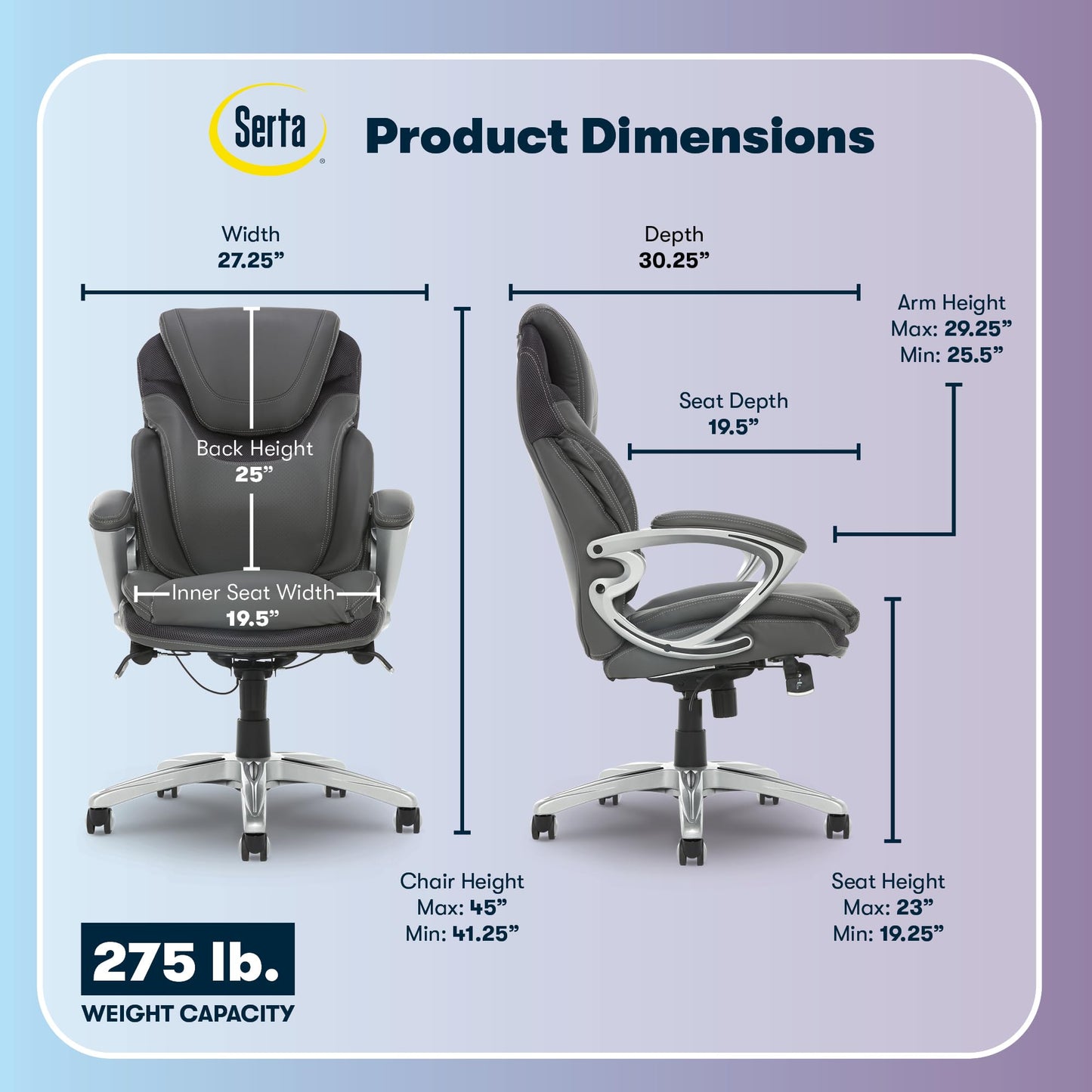 Serta Bryce Executive Office Chair - Ergonomic Computer Desk Chair with Patented AIR Lumbar Technology - Adjustable Height - Memory Foam Body Pillows - 360° Swivel Rolling Base - Bonded Leather - Gray
