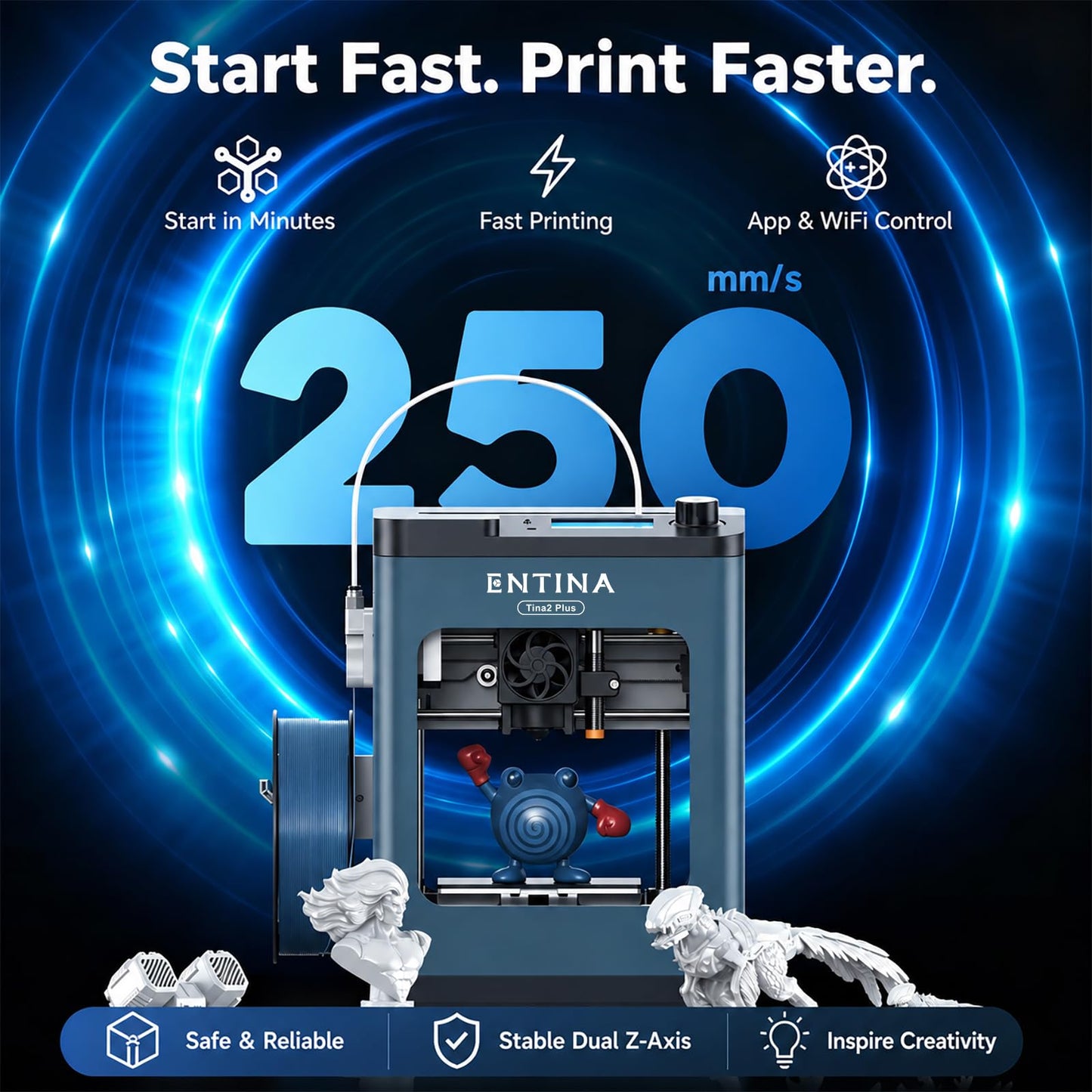 Entina Tina2 Plus 3D Printer, 250mm/s Fast Printing 3D Printer for Beginners & Kids, WiFi & App Control, Fully Assembled, Auto Leveling, PEI Build Plate, Open Source Mini 3D Printers for Home & School