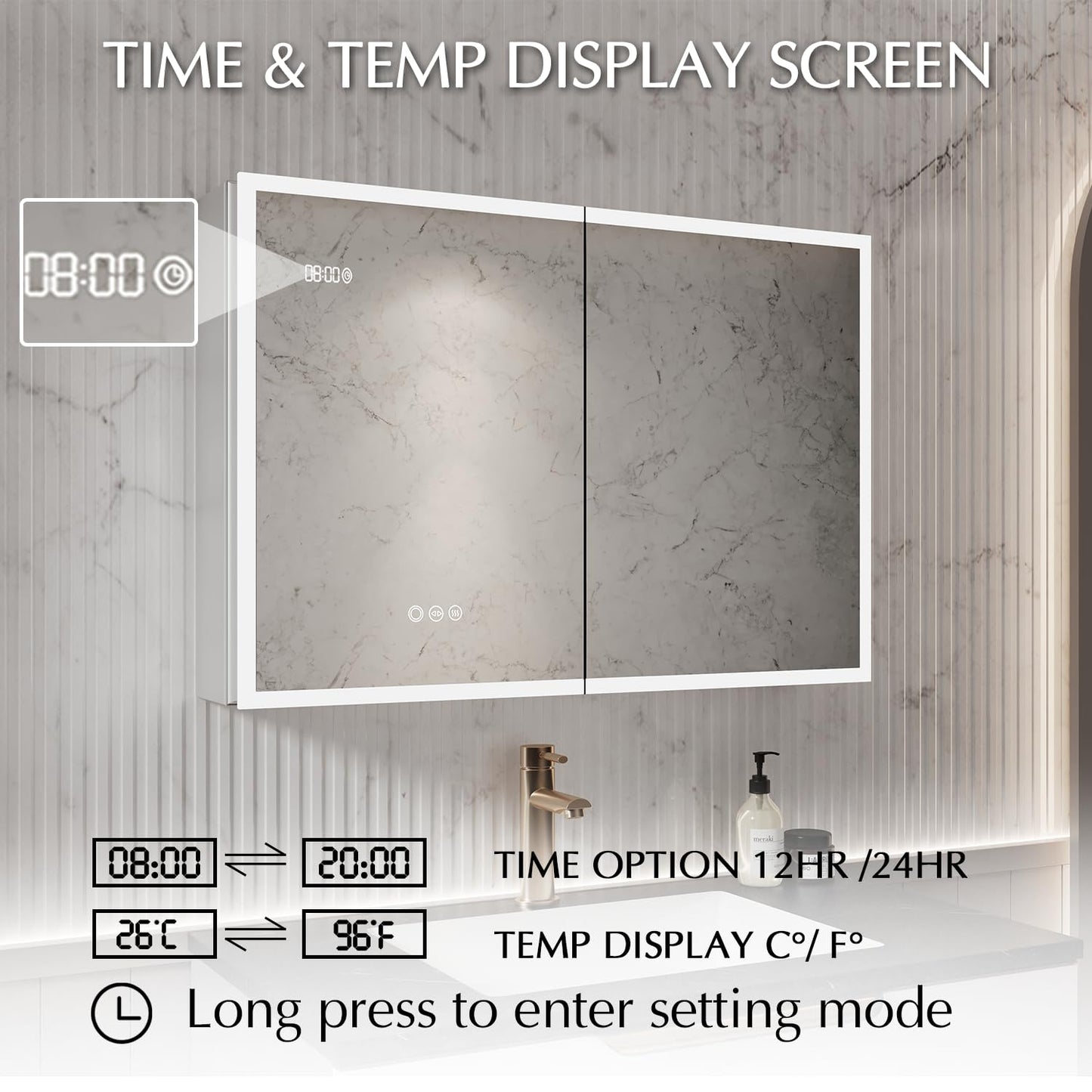 BuLife Double Door Medicine Cabinet 37 Inch, LED Mirror with Anti-Fog & Time/Temp, 3 Color Dimmable Lights, Adjustable Shelves, Pre-Assembled for Easy Install
