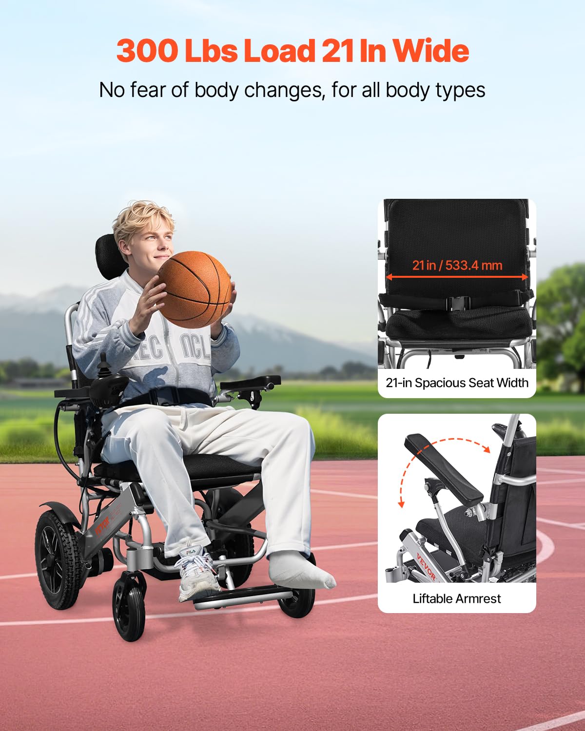 VEVOR Electric Wheelchair for Adults, 300 lbs & Adjustable Backrest, Foldable Lightweight Power Chair with 21" Seat, 13-Mile All-Terrain Range for Senior Portable Mobility