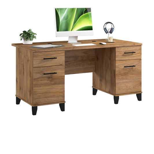 Bush Home 60-Inch Office Desk with Drawers, Computer Desk with File and Box Drawers, Home Office Workstation with Storage Cabinet, Writing Desk Furniture, Somerset Collection, Fresh Walnut