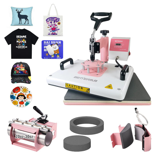 BetterSub 5 in 1 Heat Press Machine 12x15 inch, Industrial-Quality Sublimation Press with 30oz Tumbler Attachment & Curved Hat Plate, 360° Swivel Design for T-Shirts, Vinyl, DTF Film - Pink