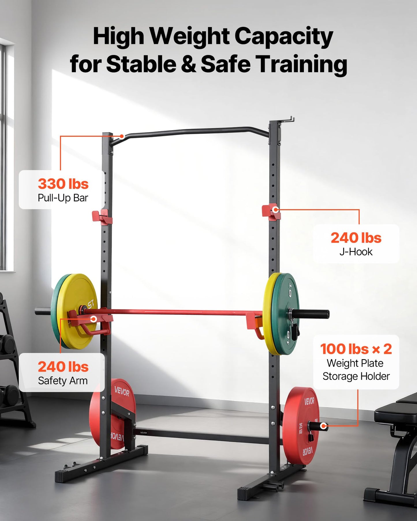 VEVOR Power Cage Squat Rack, Multifunctional Power Rack Home Gym, 1000LBS Strength Training Workout Equipment with 4 Band Pegs, Adjustable J-Hooks & Safety Bars for Barbell Squat Bench Press Pull-Up