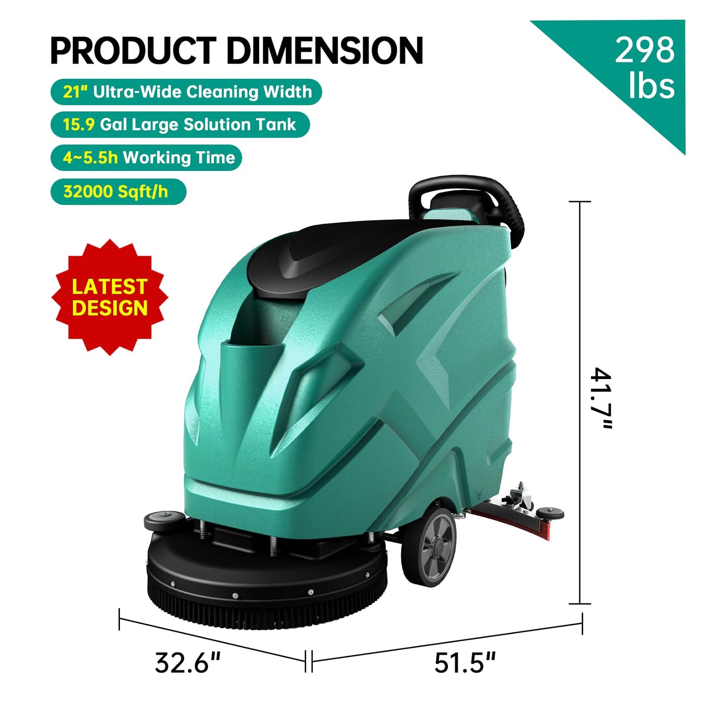 Commercial Floor scrubber machine, 21" Cleaning Width, 32.6" Suction Width, 15.9 Gallon Solution Tank, 15.9 Gallon Recovery Tank, 32000 Sqft/h, 5.5 Hours Runtime