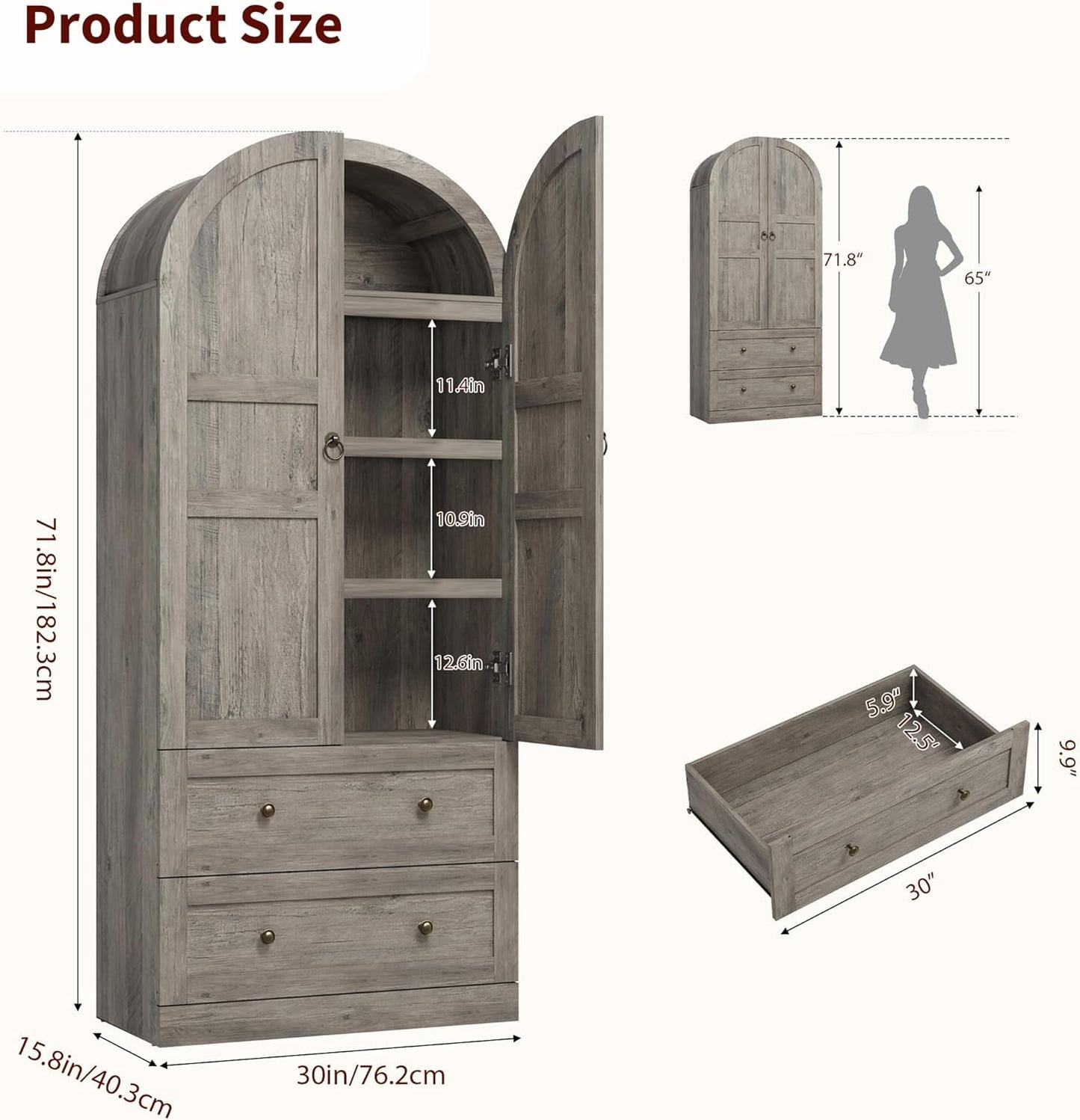 GarveeLife 72 Inch Tall Dome Bookcase with Drawers and Wood Door, 4-Tier Wooden Bookshelf with Arched Top and Display Shelves, Farmhouse Storage Cabinet for Home Office, Living Room, Entryway, Gray