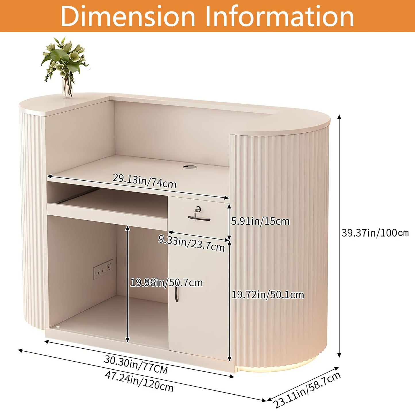 Modern Reception Desk with LED Light - 47.2" Curved Front Counter with Hidden Cable Management, Lockable Drawers & Engineered Wood Construction, Salon Spa Boutique Office Checkout Station