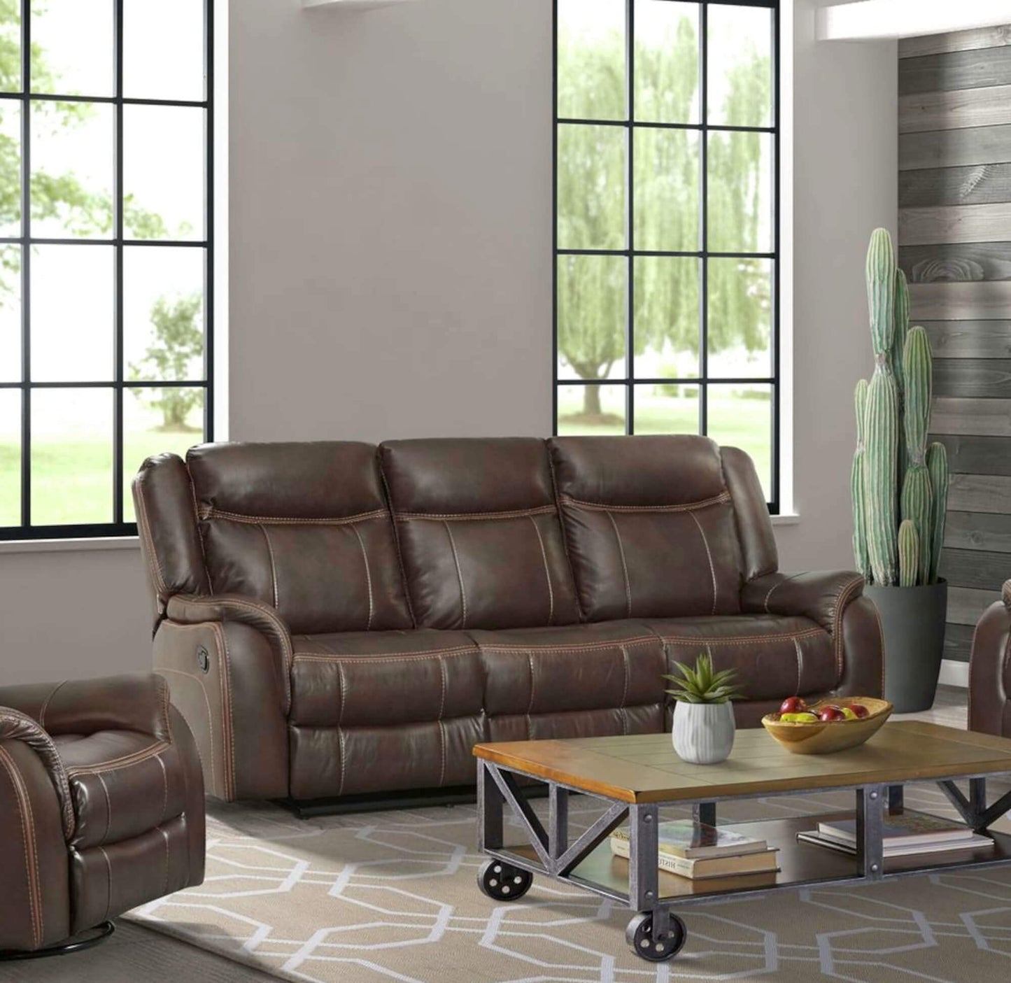 Sunset Trading Avant 86" Wide Dual Reclining Power Drop Down Console | USB, 2 Outlets, Cupholders | Brown Faux Leather Sofas, Deep Seating, (SU-AV8604041-305)