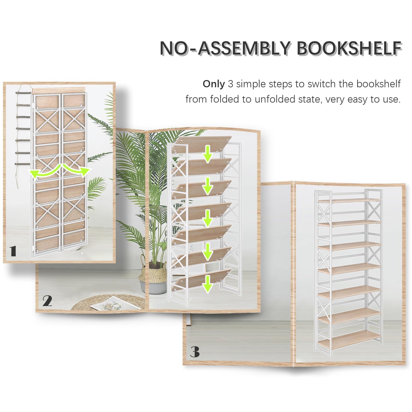 4NM 7 Tiers No Assembly Book Shelves, 72.4" H Folding Bookshelf Bookcase Open Industrial Foldable Shelves for Bedroom, Living Room, Home Office - Natural White