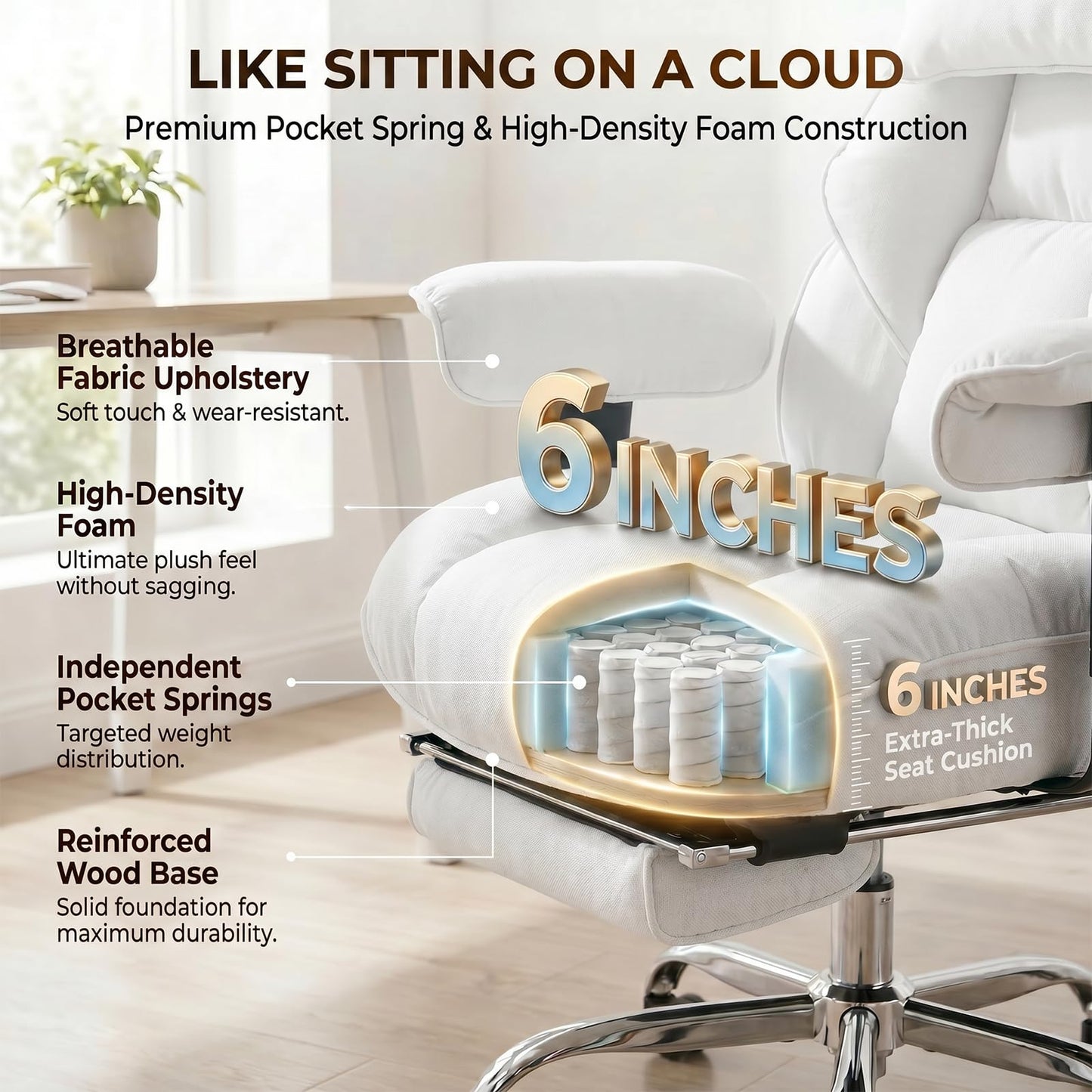 mokodo Big and Tall Office Chair 400lbs, Breathable Fabric Executive Desk Chair with Pocket Spring Cushion, 155° Reclining Computer Chair with Integrated Headrest & Lumbar Pillow (White)
