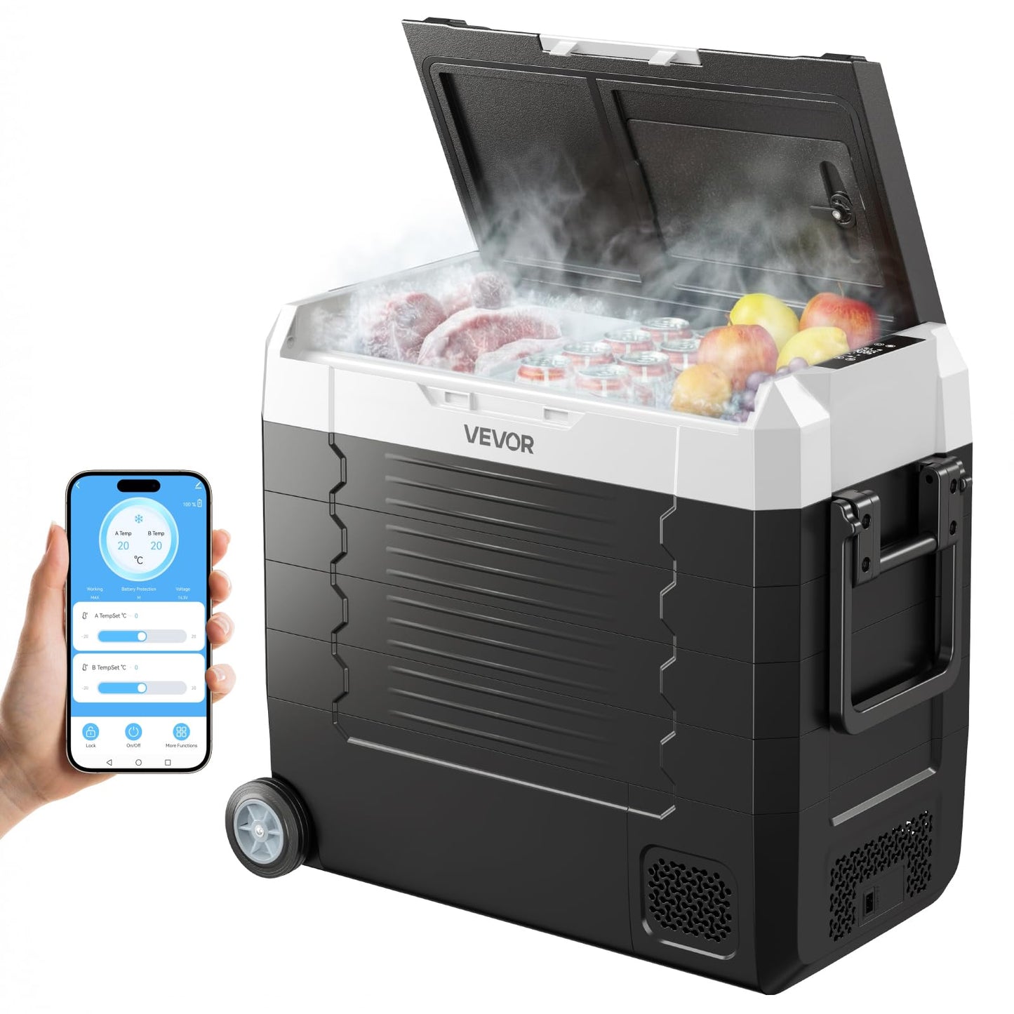 VEVOR Car Refrigerator, DC 12/24V AC100-240V Compressor Electric Cooler, -4°F to 68°F Truck Refrigerator with APP Control, Wheels & Dual Zone, 58 QT Cars Cooler for RVs, Boats, Camping, Fishing