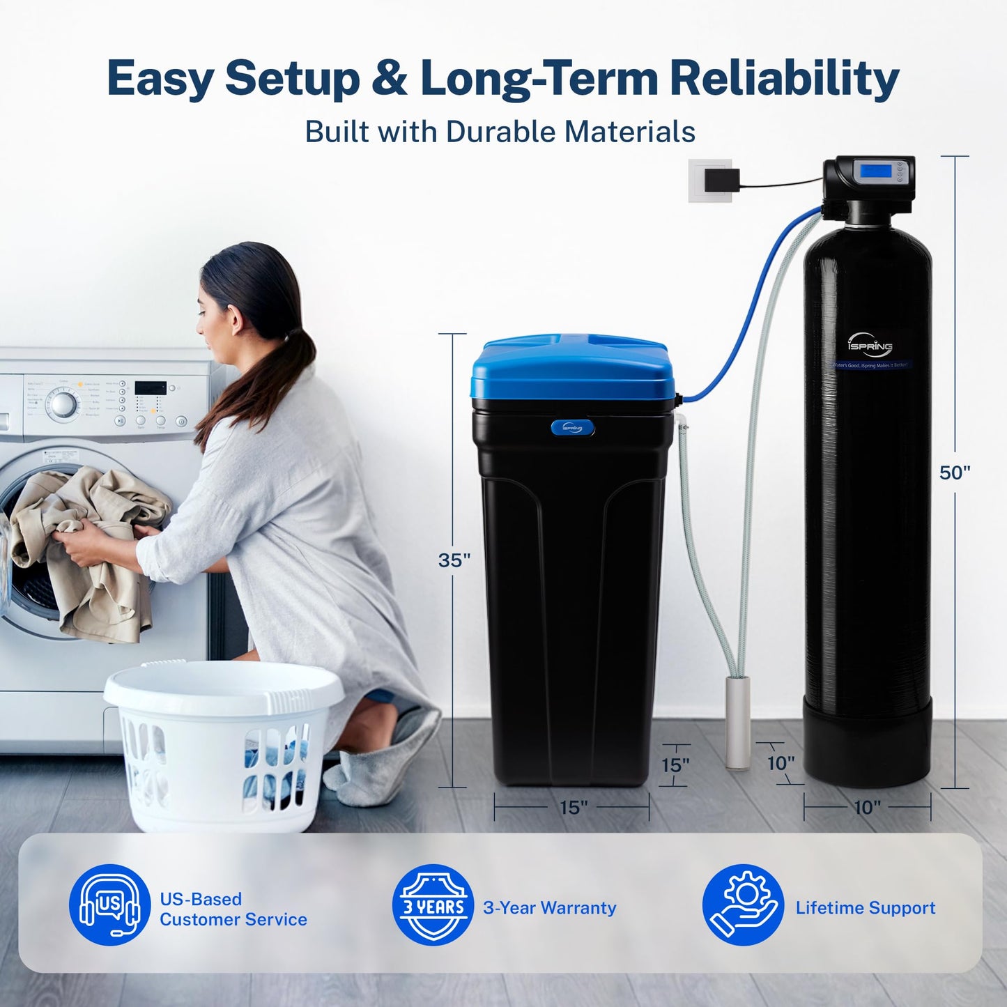 iSpring WCSTB45KG Whole House Water Softener System, 45,000 Grains High Capacity Water Softener Removes Hard Water and Scale, Automatic Backwash and Regeneration, for Whole House & Commercial Use