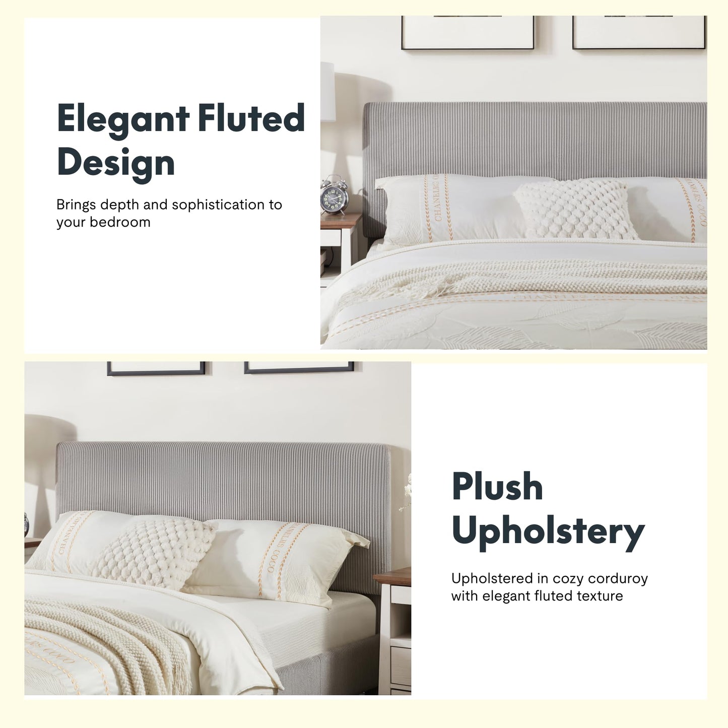 FLEXISPOT Queen All-in-One Adjustable Bed with Velvet Upholstered Bed Frame, Vertical Channel Fluted Headboard, Head & Foot Lift, Adjustable Headboard, Thick Foam Padding, Easy Assembly, Light Grey