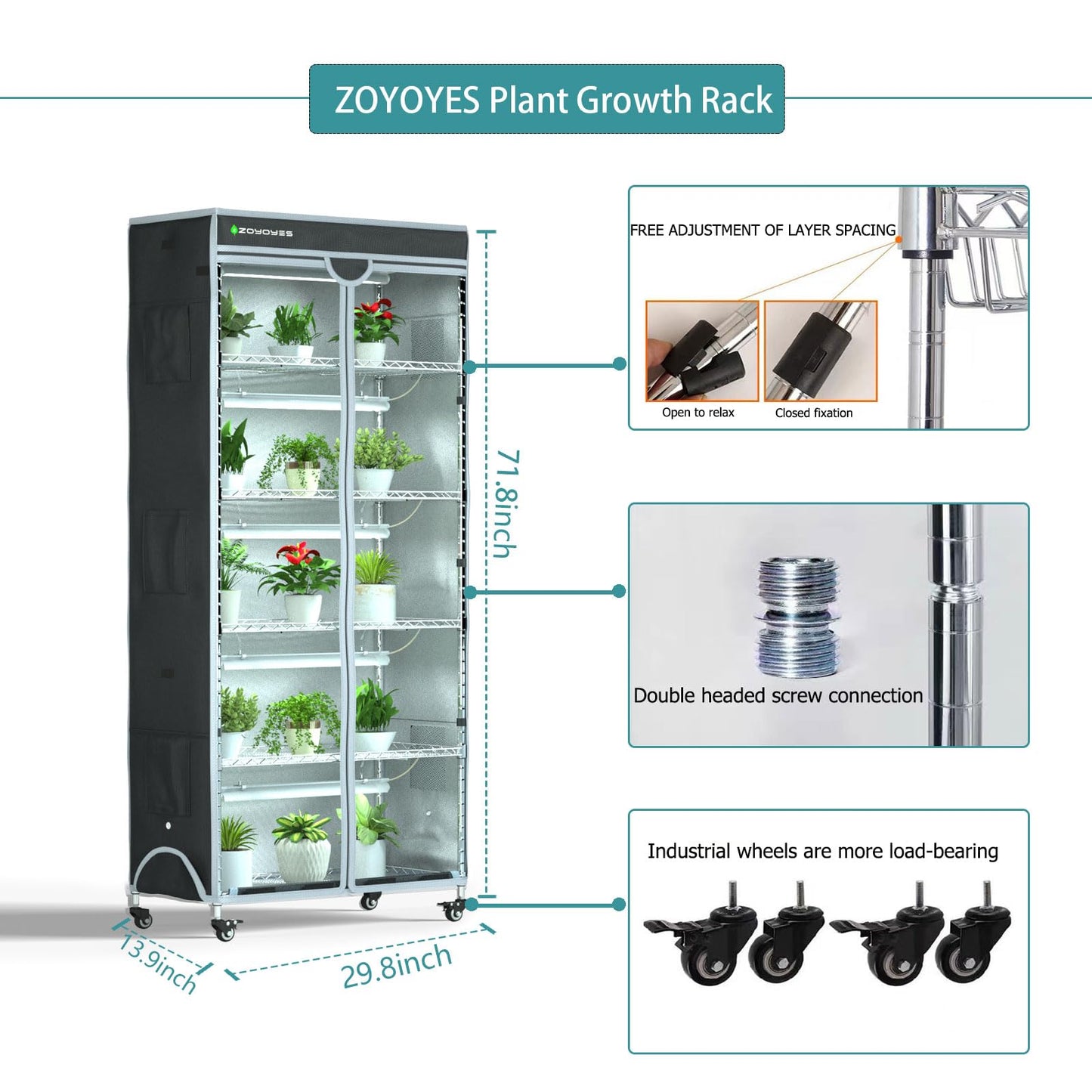 ZOYOYES Indoor Greenhouse 6-Tier Plant Rack with Cover & 5 T8 Grow Lights
