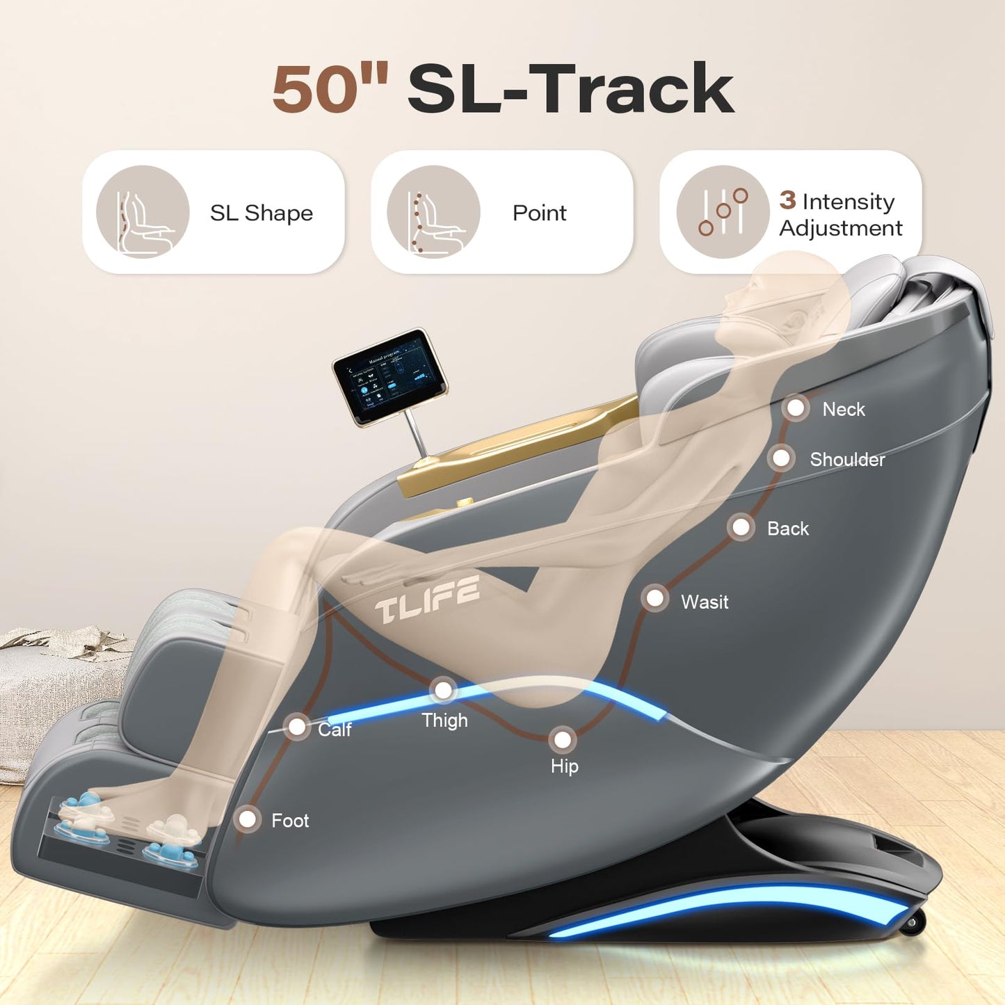 TLIFE Massage Chair Full Body, 160°Zero Gravity Recliner with Body Scan, 50" SL-Track Shiatsu Massage Chair, Fixed Point Massage, Foot Rollers, 12 Auto Modes, Deep Yoga Stretch, Heating, Grey
