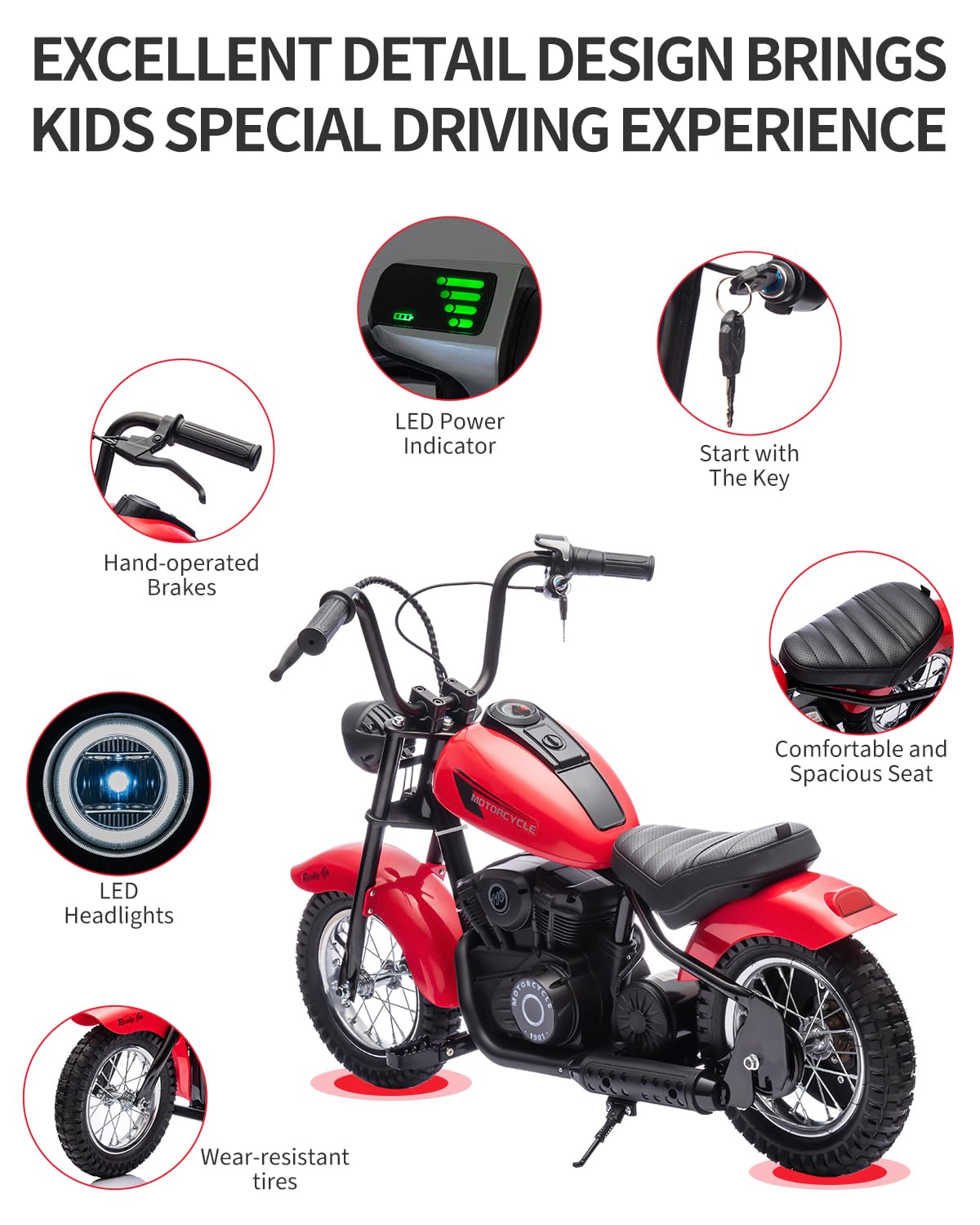 Electric Dirt Bike for Kids 24V, 150lb Max Weight & 15mph, Chain Driven Motor w/12'' Air Filled Tires, Handbrake & Shock Absorbers, LED Lights, Power Display Ride On Toy for Boys & Girls