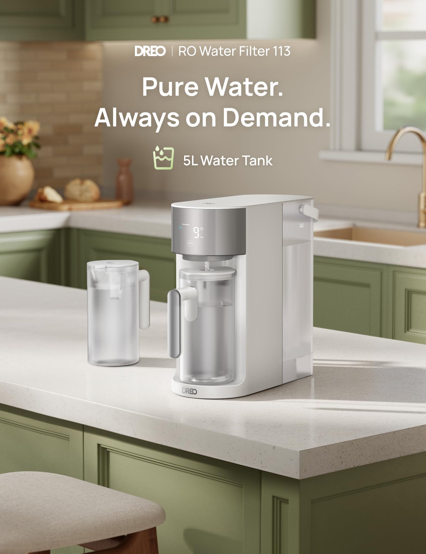 DREO Reverse Osmosis Water Filter Countertop, RO Filtration System, 3:1 Pure to Drain, TDS & Filter Life & 2 Autofill Pitchers, Install-Free, Self-Cleaning Water Purifier, RO Water Filter