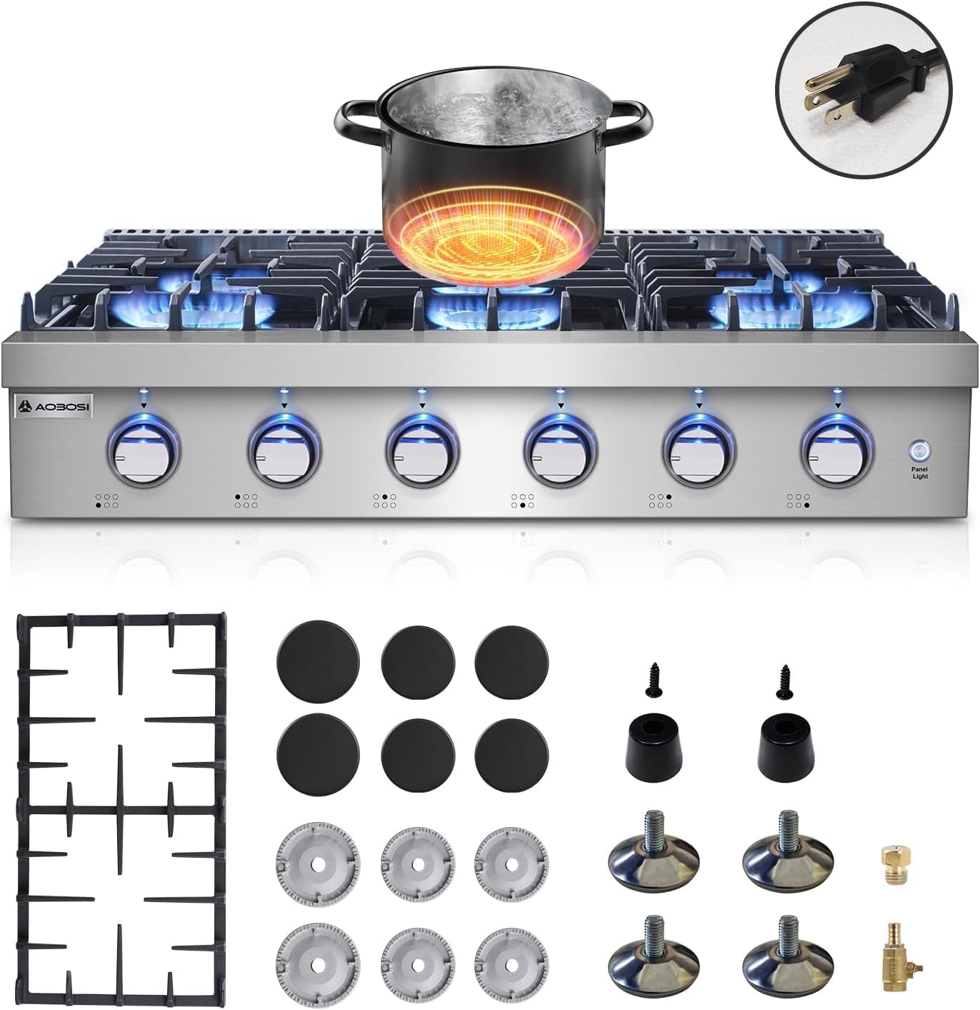 AAOBOSI 36-Inch Gas Cooktop with 6 Burners, 78,000 BTU Built-In Stainless Steel Rangetop, Freestanding Commercial Cooktop NG/LPG Convertible with Cast Iron Grates,Drip Pan and Panel Lights