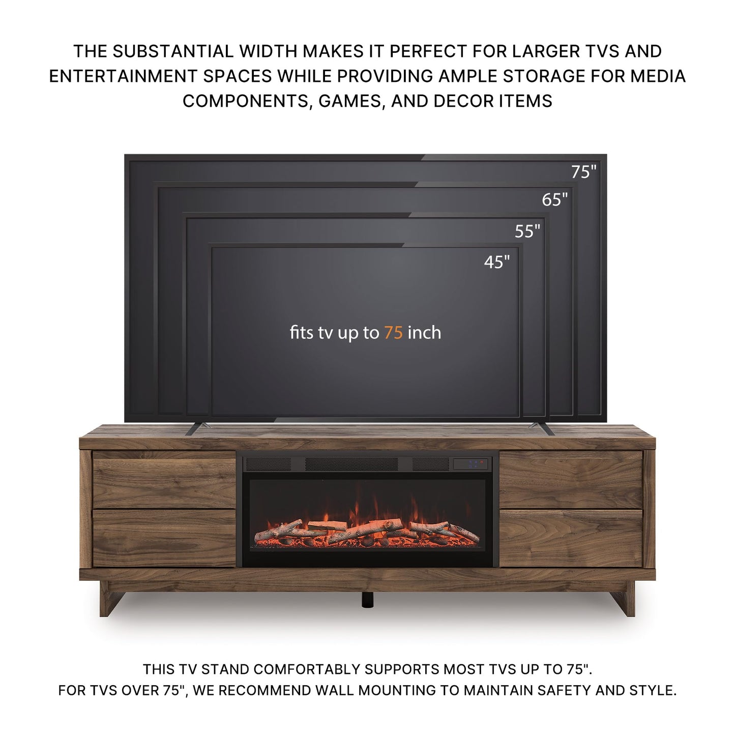 Signature Design by Ashley Zadilyn Mid-Century Modern 72" TV Stand with Electric Fireplace for TVs up to 82", Dark Brown