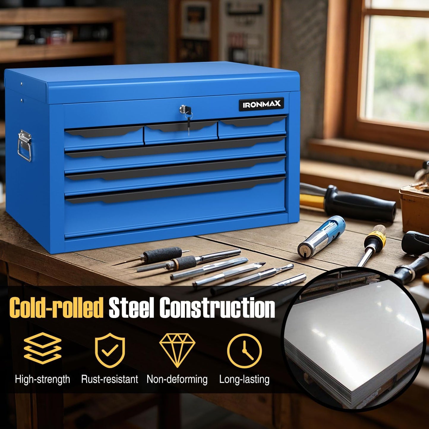 ERGOMASTER 24'' Steel Tool Box, Blue Metal Tool Box with 6 Drawers, Lockable Tool Chest Cabinet Storage Toolbox for Garage, Workshop