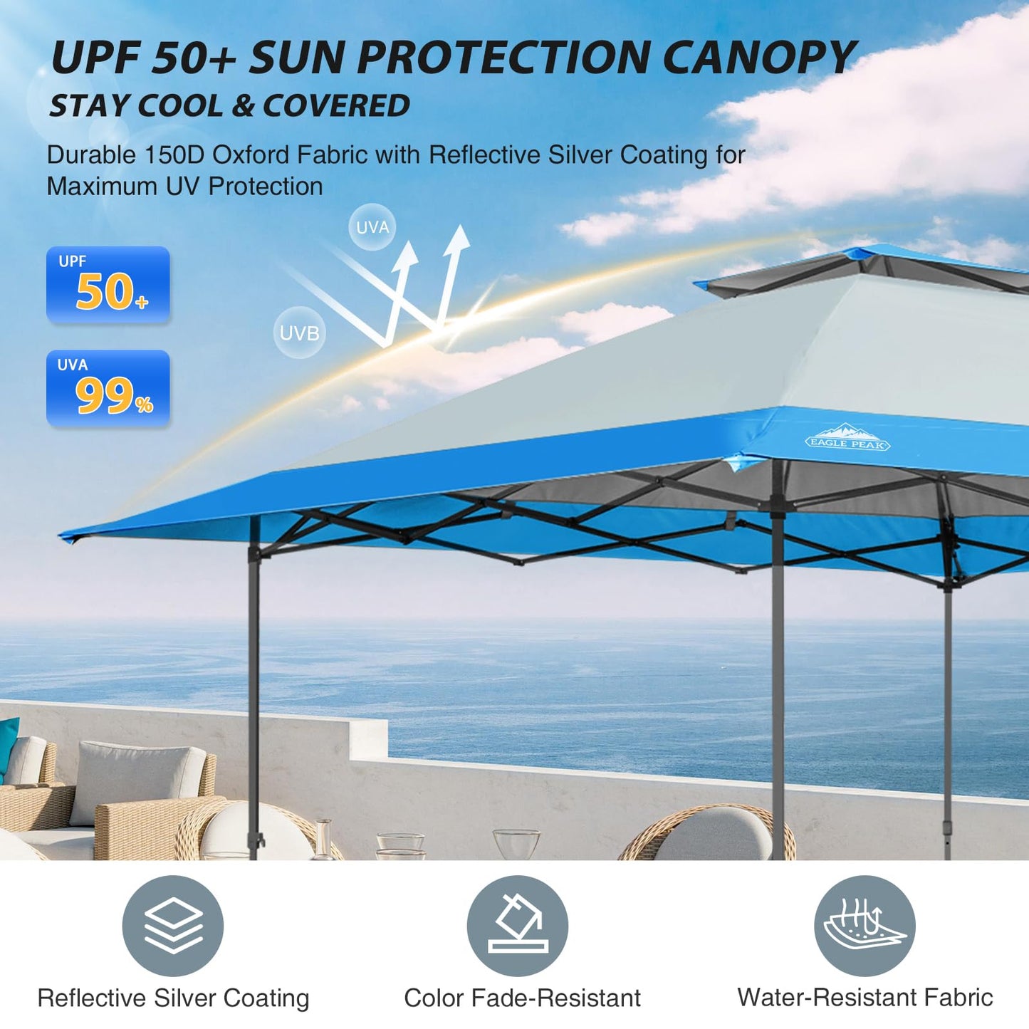 EAGLE PEAK 13x13 Straight Leg Pop Up Canopy Tent Instant Outdoor Canopy Easy Single Person Set up Folding Shelter w/Auto Extending Eaves 169 Square Feet of Shade (Light Blue)