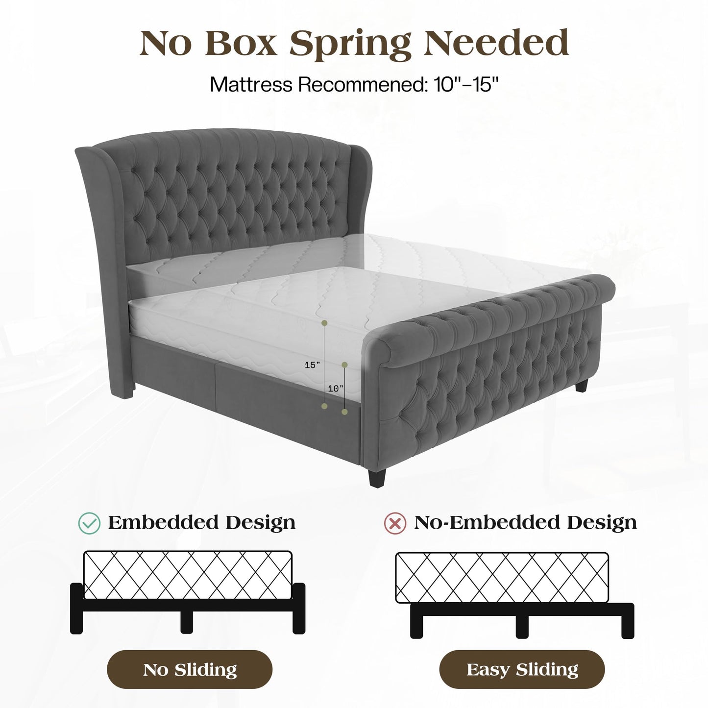 LUXOAK California King Size Platform Bed Frame, Velvet Upholstered Sleigh Bed with Curved Headboard & Footboard, Deep Button Tufted, Wood Slats Support, No Box Spring Needed, Grey