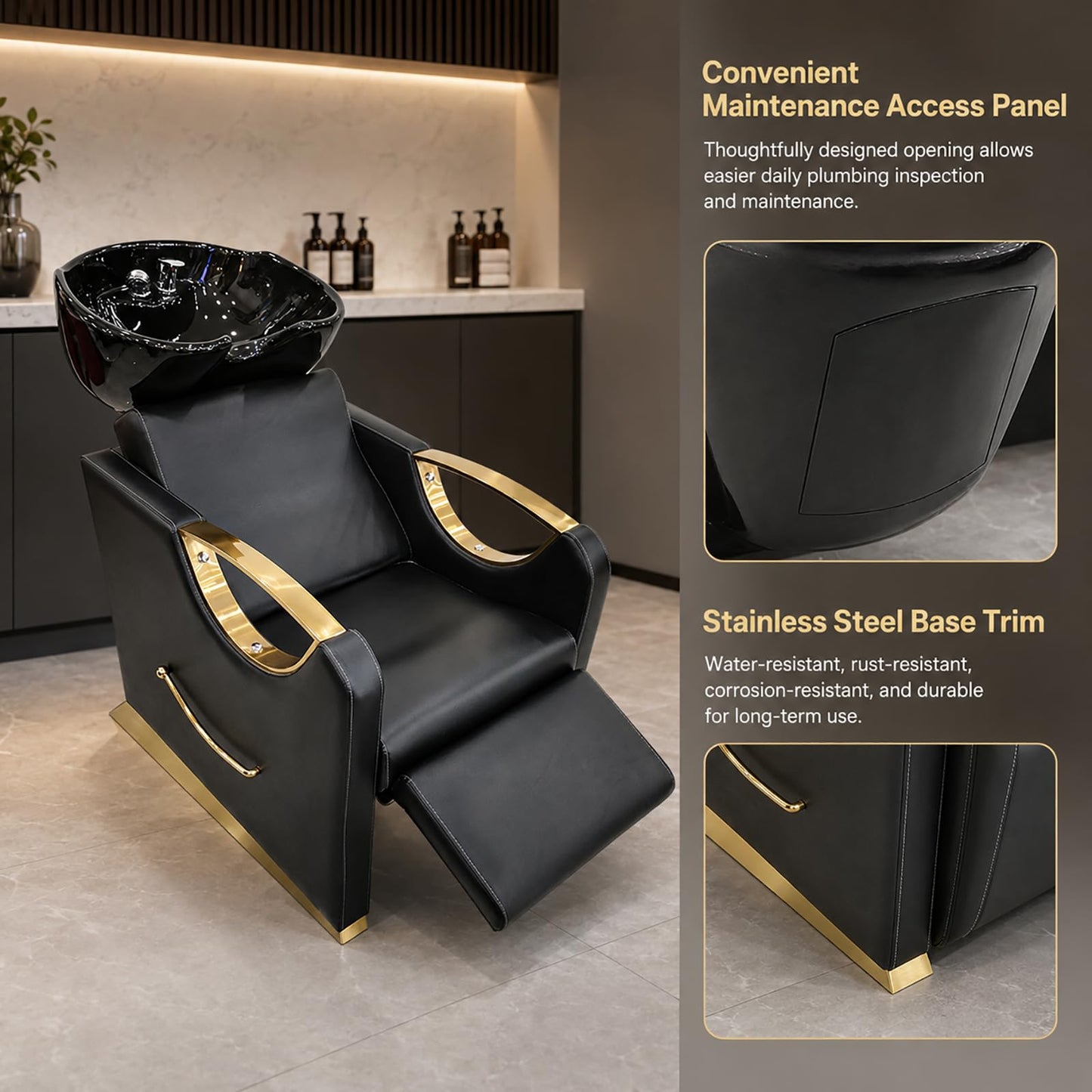 Shampoo Bowl and Chair Set, Adjustable Ceramic Backwash Unit with PU Leather Chair and Stainless Steel Armrests for Barber Shop