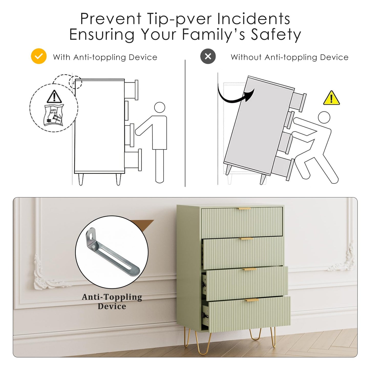 Masupu 4 Drawer Dresser, Drawer Chest, Tall Storage Dresser Chest Cabinet Organizer Unit with Gold Metal Legs, Nightstand for Bedroom, Living Room, Closet, Hallway Green Stripe