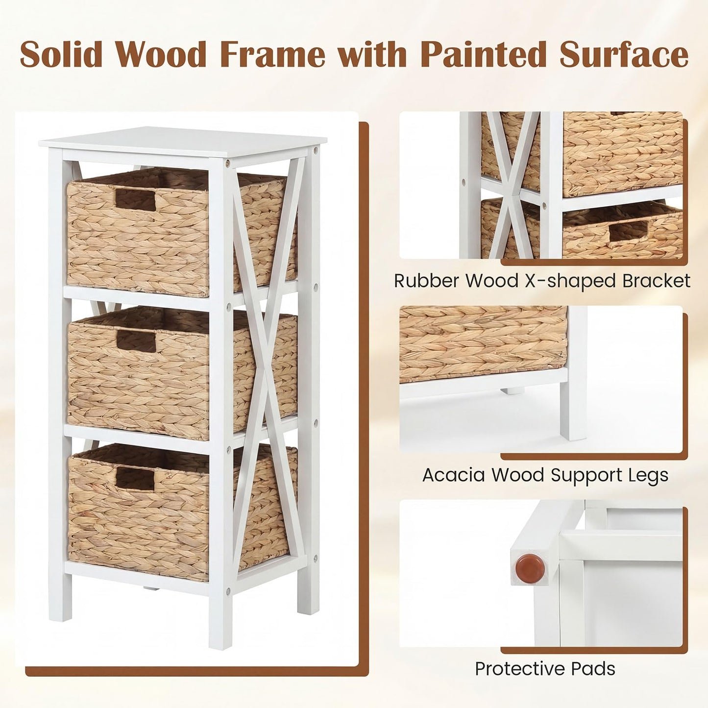 Giantex 3-Tier Nightstand with 3 Wicker Baskets Set of 2, Wooden X-Design Side Table End Table, Beside Table with Acacia Wood Legs, Mid Century Accent Storage Cabinet for Small Spaces, Bedroom, White
