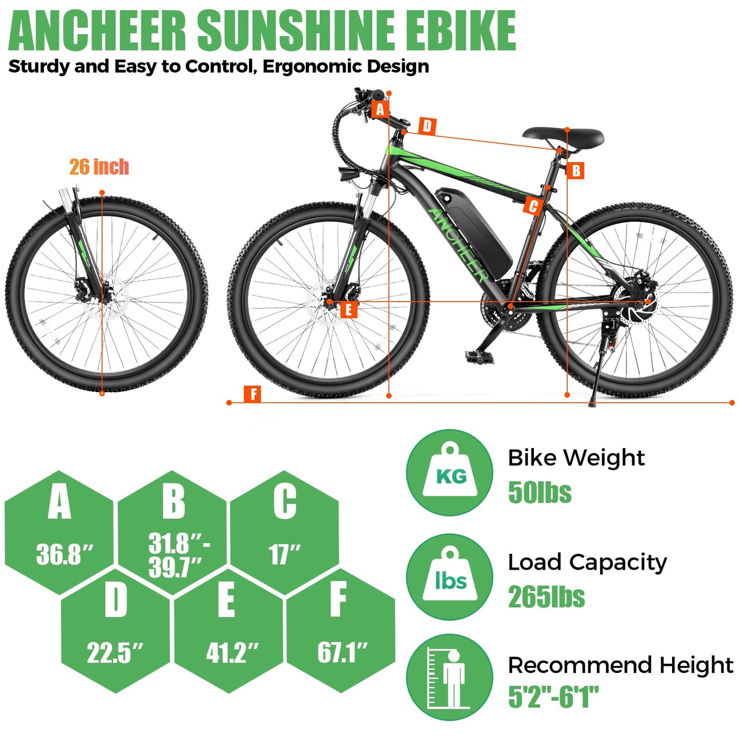 ANCHEER Electric Bike for Adults, [Peak 750W Motor] Electric Mountain Bike, 26" Sunshine Ebike, 55 Miles 20-22MPH Electric Bicycle with 48V/374Wh Battery, 7/21Speed, UL 2849 Certified (Green)