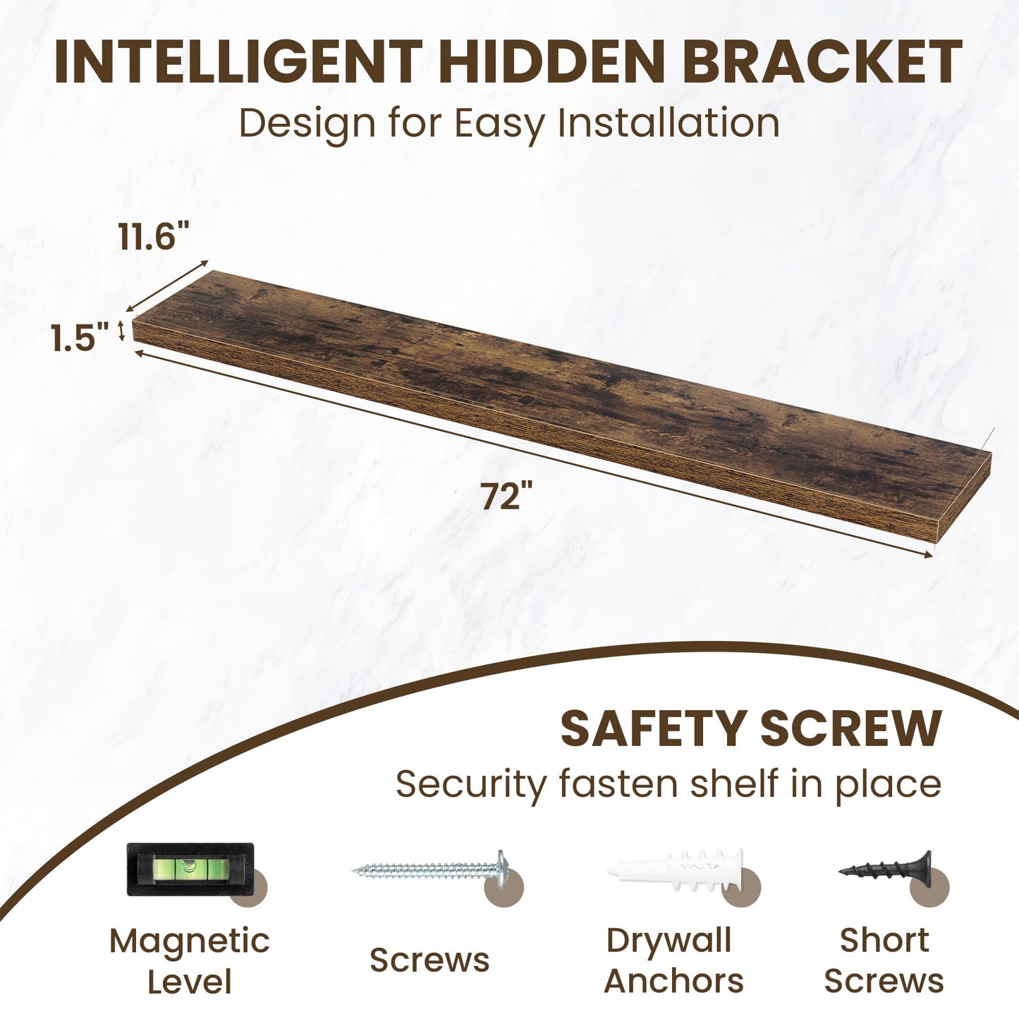Acovy 72 Inch Long Floating Shelves for Wall Set of 2,12" Deep Wall Shelf,Large Floating Shelf with Invisible Brackets for Bedroom,Bathroom,Kitchen,Farmhouse Home Decor Display Bookshelf,Rustic Brown