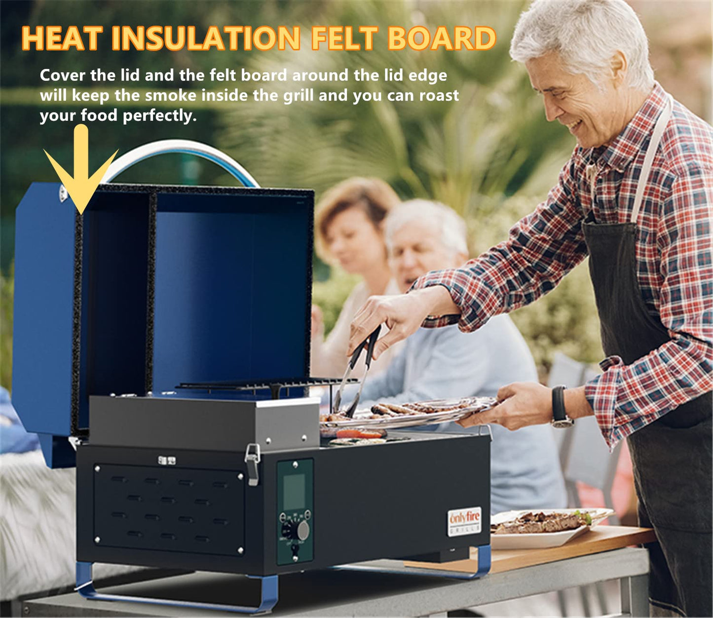ONLYFIRE GRILLS BBQ Wood Pellet Grill Smoker with Digital Control, Meat Probe & 2 Tiers Cooking Area, Portable Tabletop Grilling Stove for BBQ, Smoke, Bake and Roast, RV Camping, Blue GS313