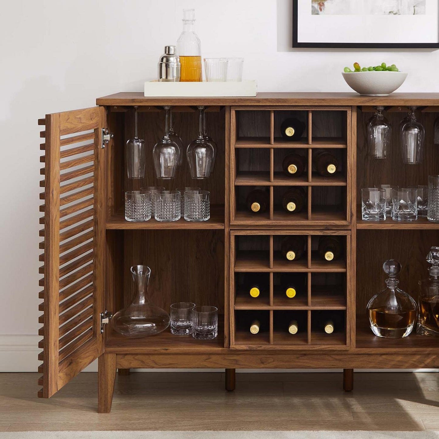 Modway Render Mid-Century Modern Wine Bar Cabinet in Walnut, 17 x 46 x 37
