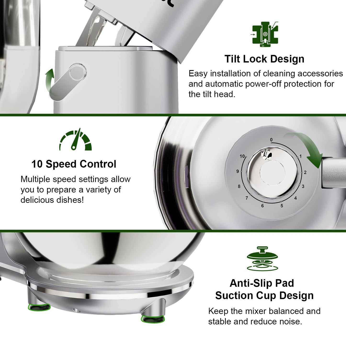 Camic Electric Stand Mixer,7.45 QT,10 Speeds with Dough Hook,Whisk, Flat Beater Attachments, Splash Guard, Easy-Carry Top Handle,3-IN-1 Kitchen Mixer for Baking Cakes Cookie Bread Salad (Silver)