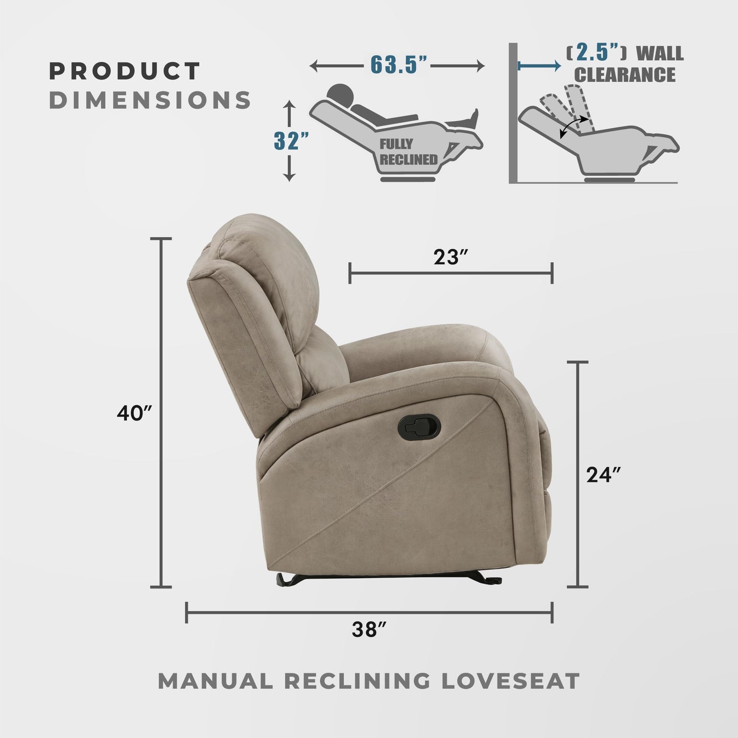 Lexicon Recliner Couch, Wall Hugger Sofa Recliners, Home Theater Seating Dual Reclining Couch, Manual Recliner Couches for Living Room, Bedroom, Office, Apartment, 61.5'' Loveseat Recliner, Brown