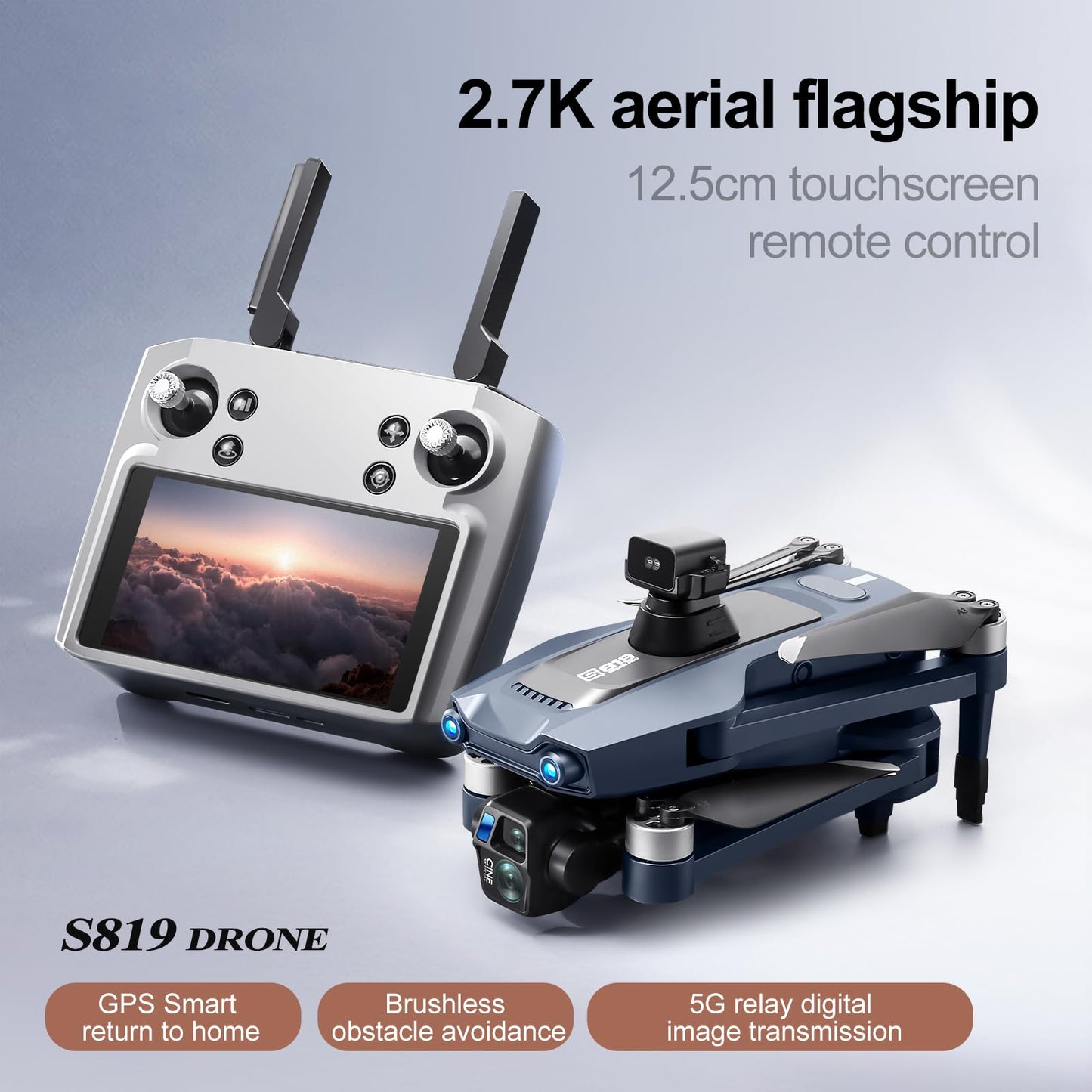 GPS Drone with One Key Airdrop (1 pound), 5G Technology, Brushless Motor, 360° Laser Obstacle Avoidance, 5 Inch Touch - Screen Display Remote Controller, 2.7K Real Pixels, 3 Axis Gimbal Camera, Auto Return (Go Home), One Key Follow (Follow me), Speed Adju