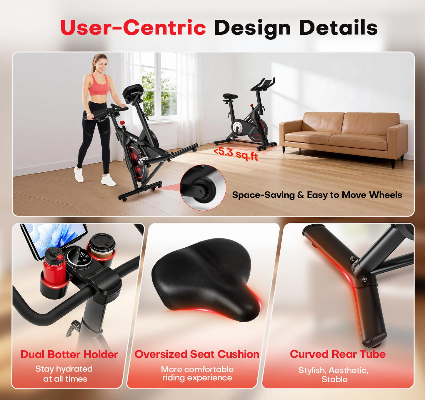 CHAOKE Exercise Bike, Quiet Adjustable Magnetic Stationary Bike for Home Cardio with App Compatible, 350LB Weight Capacity Indoor Cycling Bike with Mat, Large Seat, Digital Display for Home Fitness