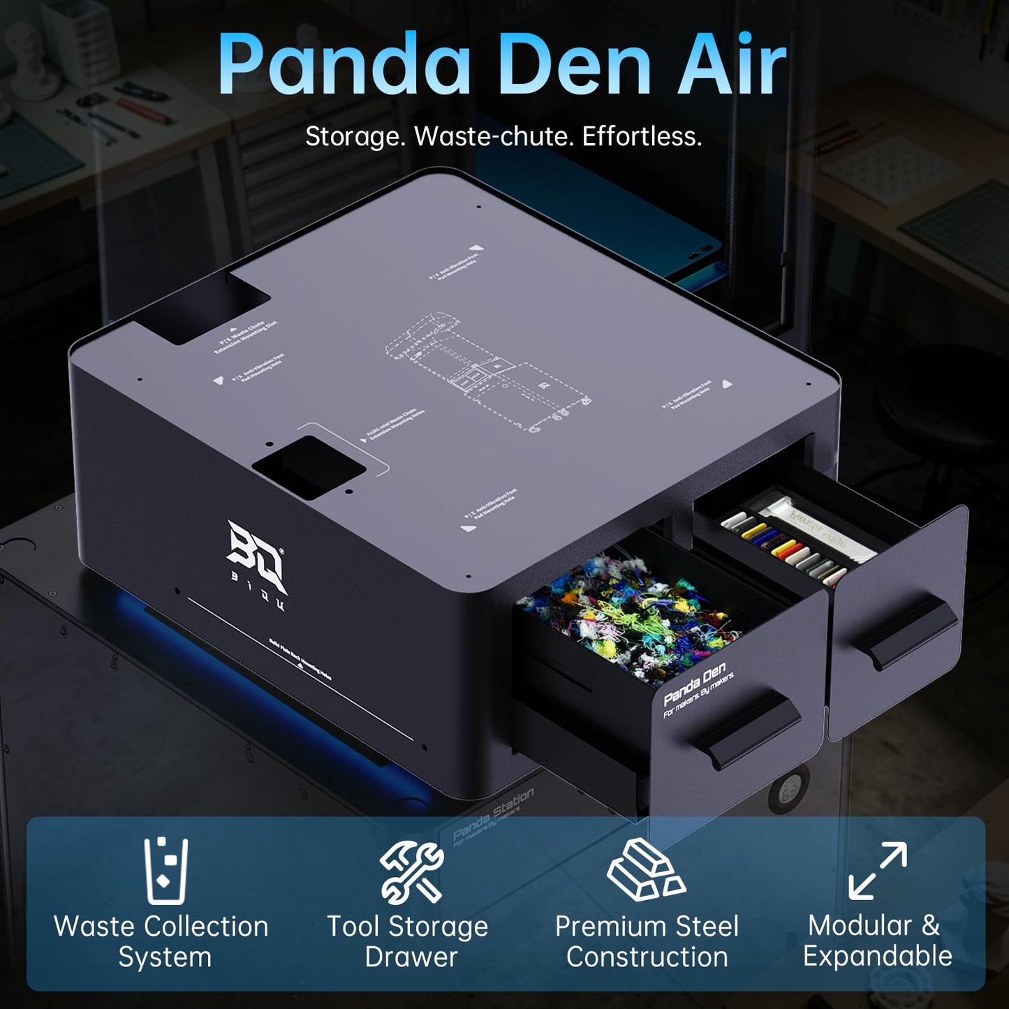 BIQU Panda Den Air for Bambu-Lab P1P/P1S/P2S/X1C/X1E/X2D/A1/A1 Mini 3D Printers, Filament Waste Collection System for P1/X1/X2/A1, Tool Storage Drawer + Direct-Drop Filament Poop Gather Drawer