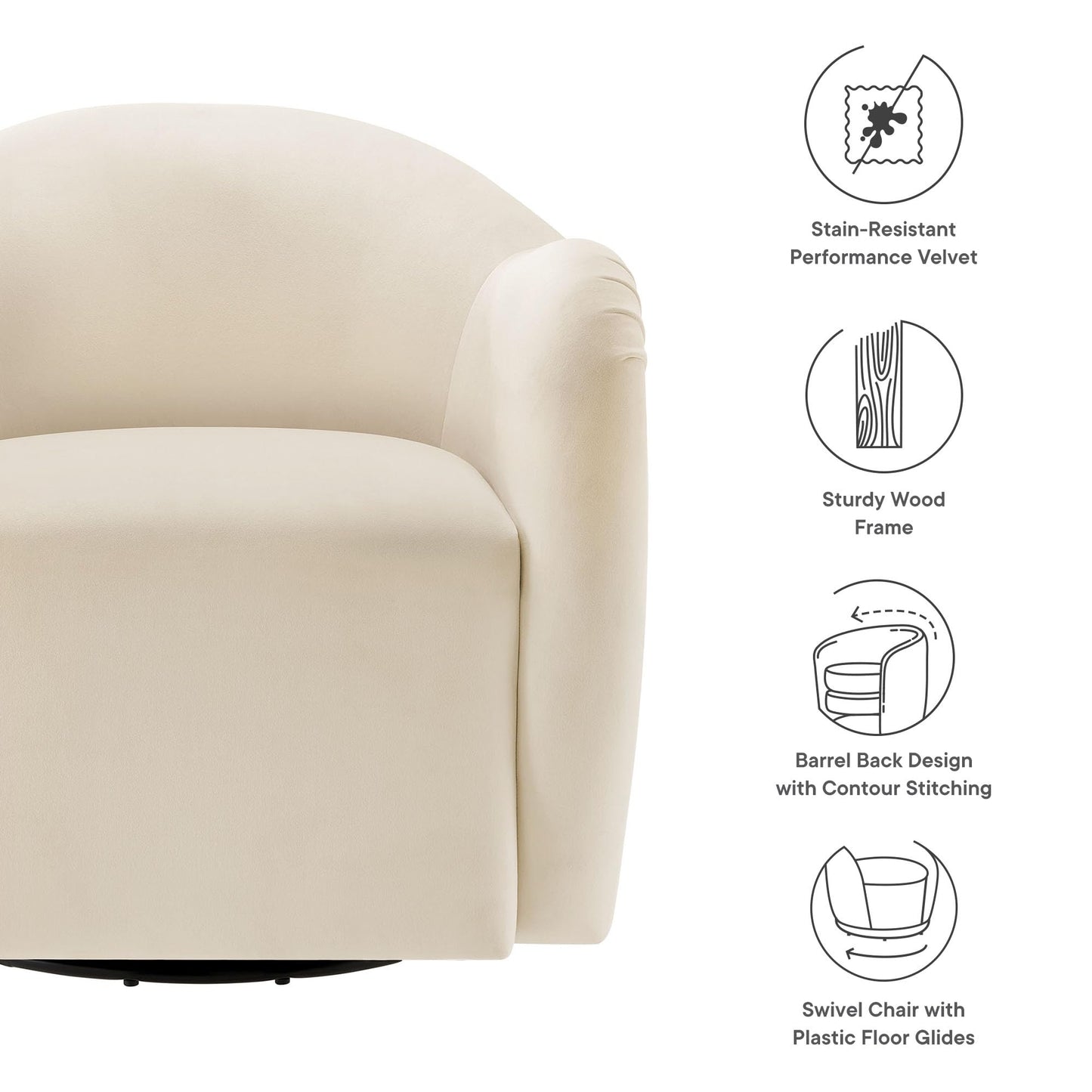 Modway Compose Performance Velvet Swivel Armchair in Alabaster - Barrel Accent Chair - Comfy Round Single Sofa Chair with 360° Rotation - Modern Upholstered Club Chair for Living Room, Bedroom