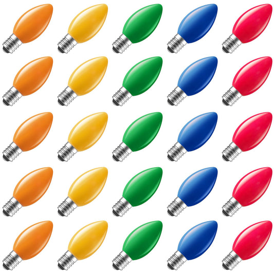 Minetom C7 LED Replacement Christmas Bulb, Dimmable, 25 Count, Multicolored, Waterproof, C7/E12 Base, UL Listed