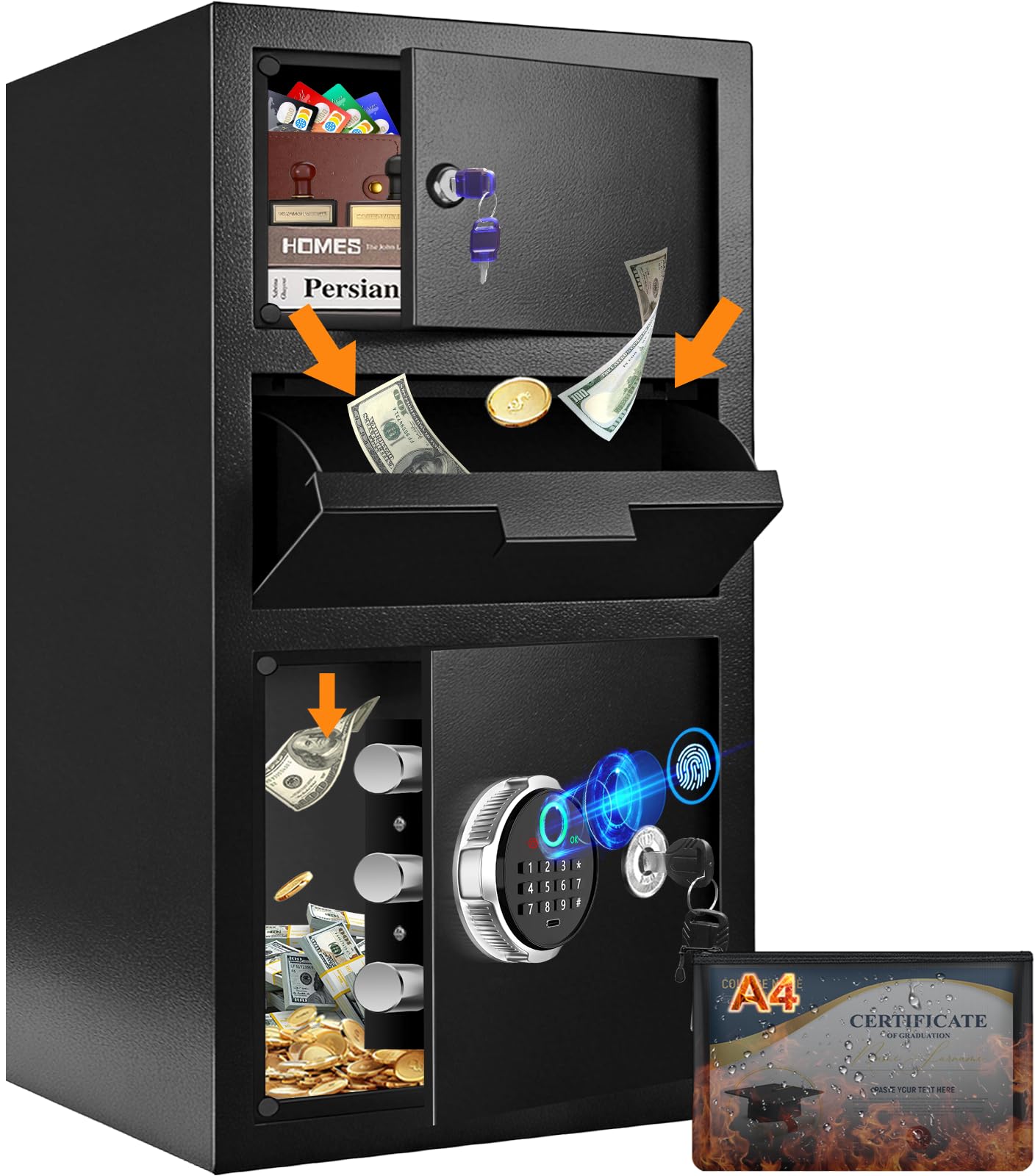 5.8 Cuft Large Biometric Drop Safe for Business, Anti-Theft Fingerprint Safe with Quick Place Drop Slot, Digital Keypad and Spare Key, Safe Box for Home Office Retail Store Business Mail Church