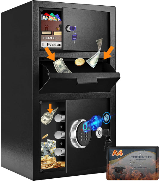 5.8 Cuft Large Biometric Drop Safe for Business, Anti-Theft Fingerprint Safe with Quick Place Drop Slot, Digital Keypad and Spare Key, Safe Box for Home Office Retail Store Business Mail Church