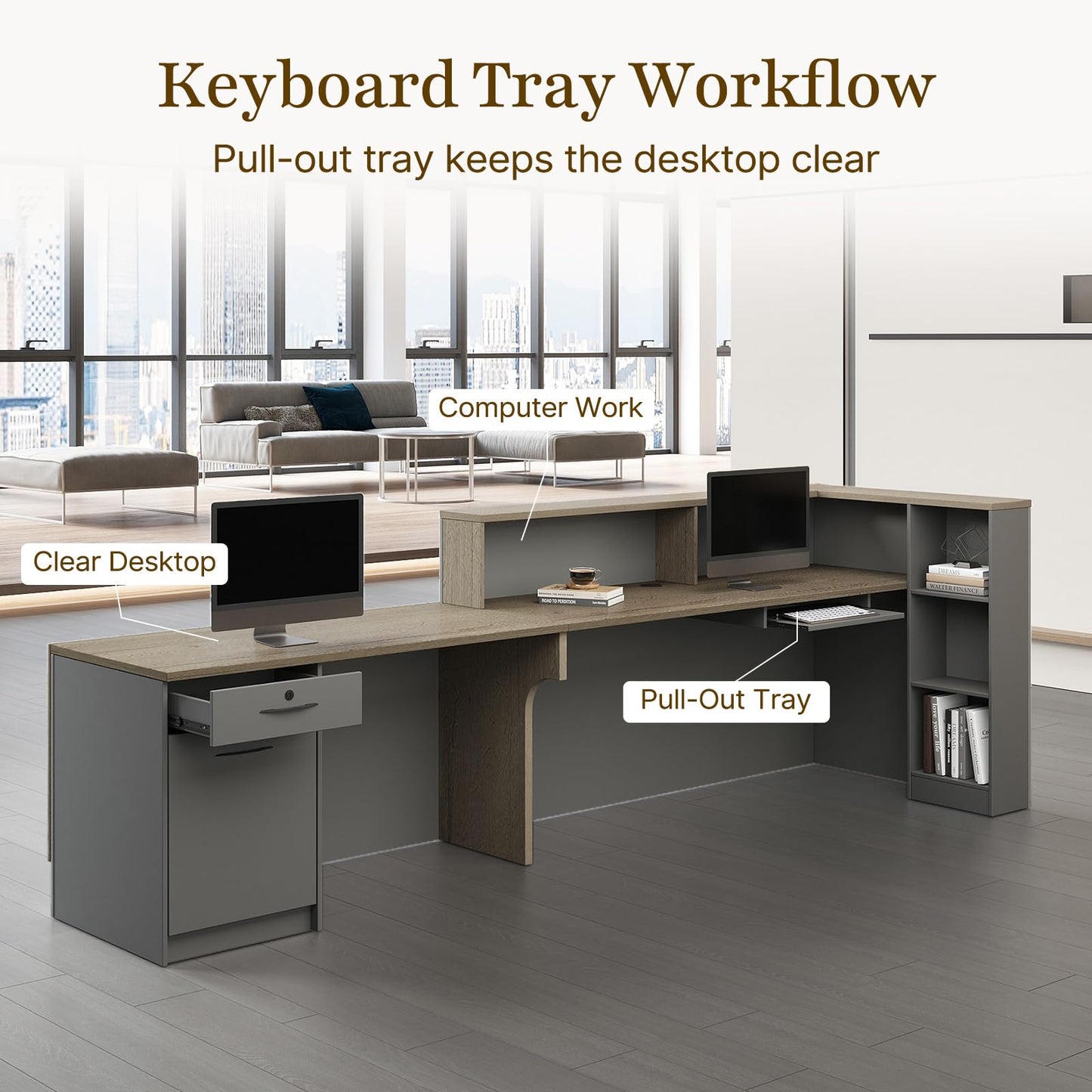 Nuipesn 79" Modern L-Shaped Reception Desk, Front Desk Counter with Drawer, Keyboard Tray and Storage Shelves, Right Layout, Tobacco Wood and Iron Gray
