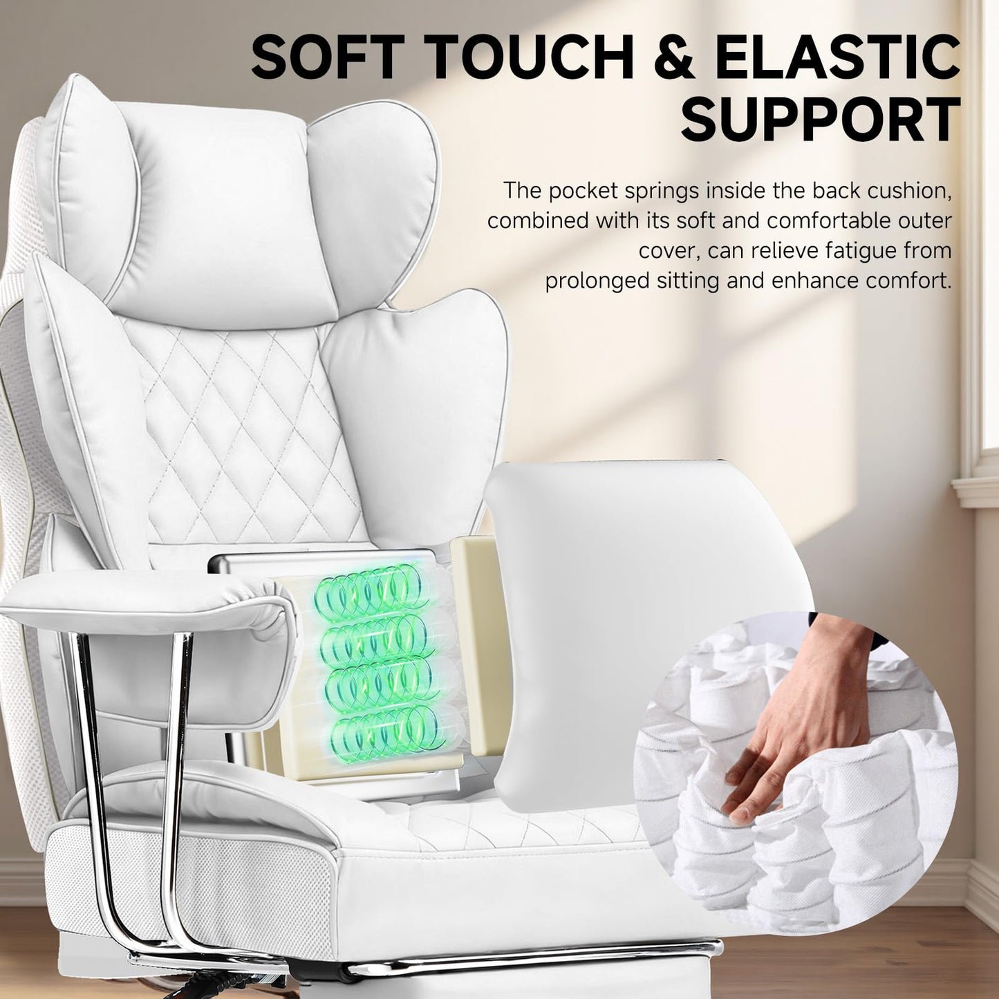 COMHOMA Big and Tall Gaming Chair with Pocket Spring Lumbar Support, Ergonomic Office Chair with Footrest, Executive Desk Chair with Outward Fixed Soft Armrests, Computer Chair with High Back, White