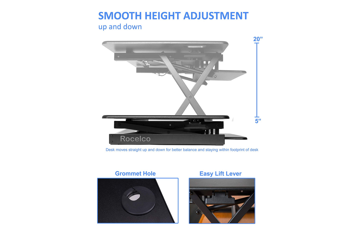 Rocelco 46" Large Height Adjustable Standing Desk Converter - Quick Sit Stand Up Triple Monitor Riser - Tall Gas Spring Assist Computer Workstation - Retractable Keyboard Tray - Black (R DADRB-46)