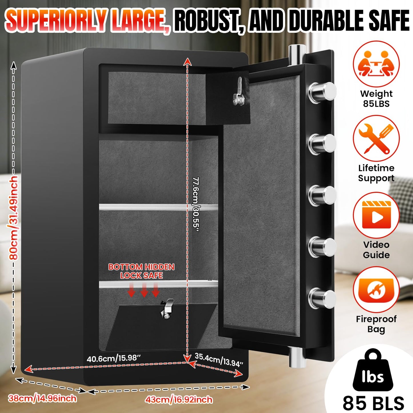 [𝟐𝟎𝟐𝟔 𝟎.𝟓𝐇 𝟏𝟕𝟎𝟎°𝐅] [8.5 𝐂𝐮 𝐅𝐭] Fire Proof Safe for Home Documents, [𝟖5 𝐋𝐛𝐬] Large Heavy Duty Biometric Safe Box with Fingerprint & Keypad, Fireproof Safes with Anti-Theft Alarm
